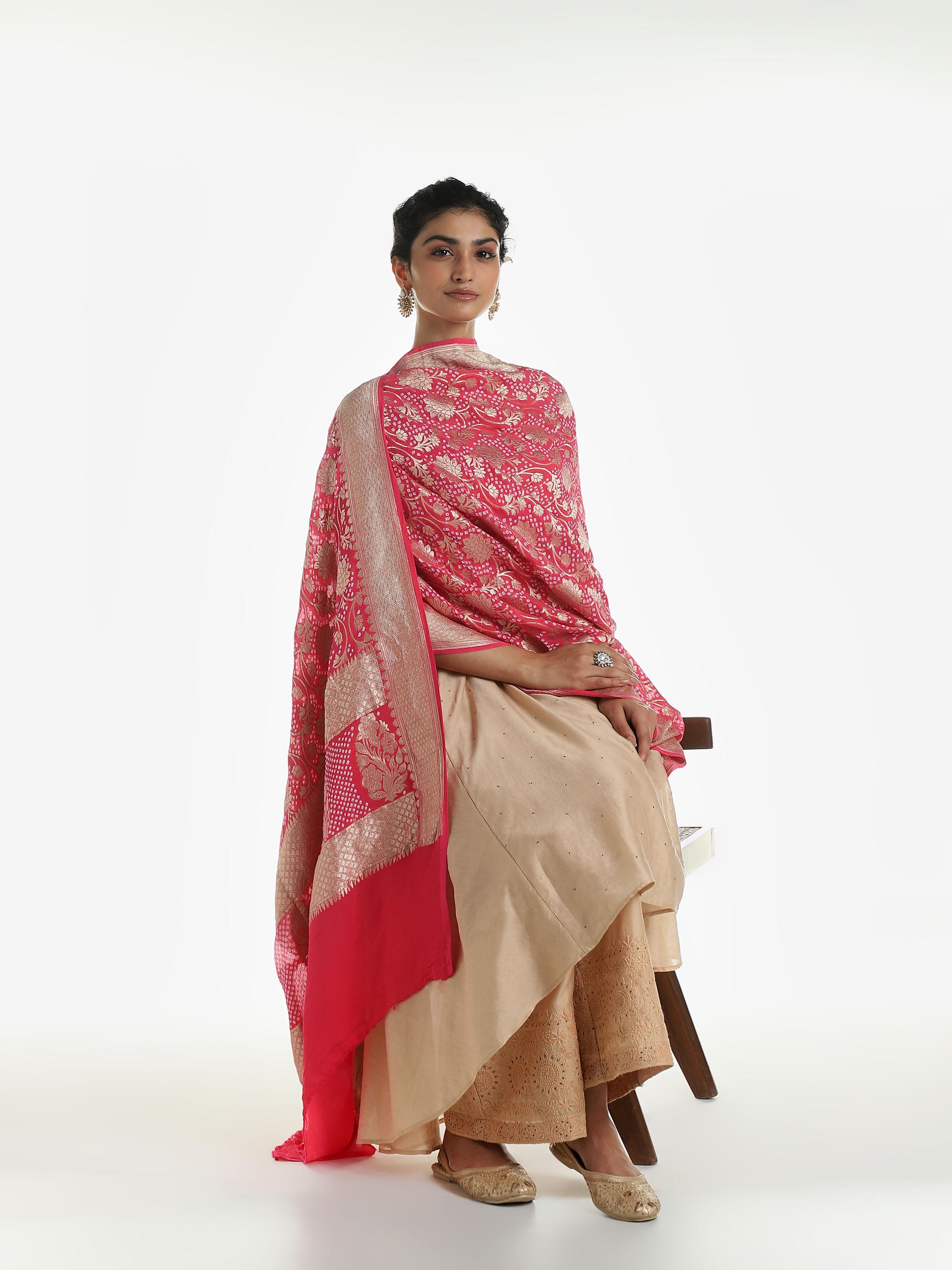 Coral Banarasi Crepe Bandhani Tie & Dye Dupatta