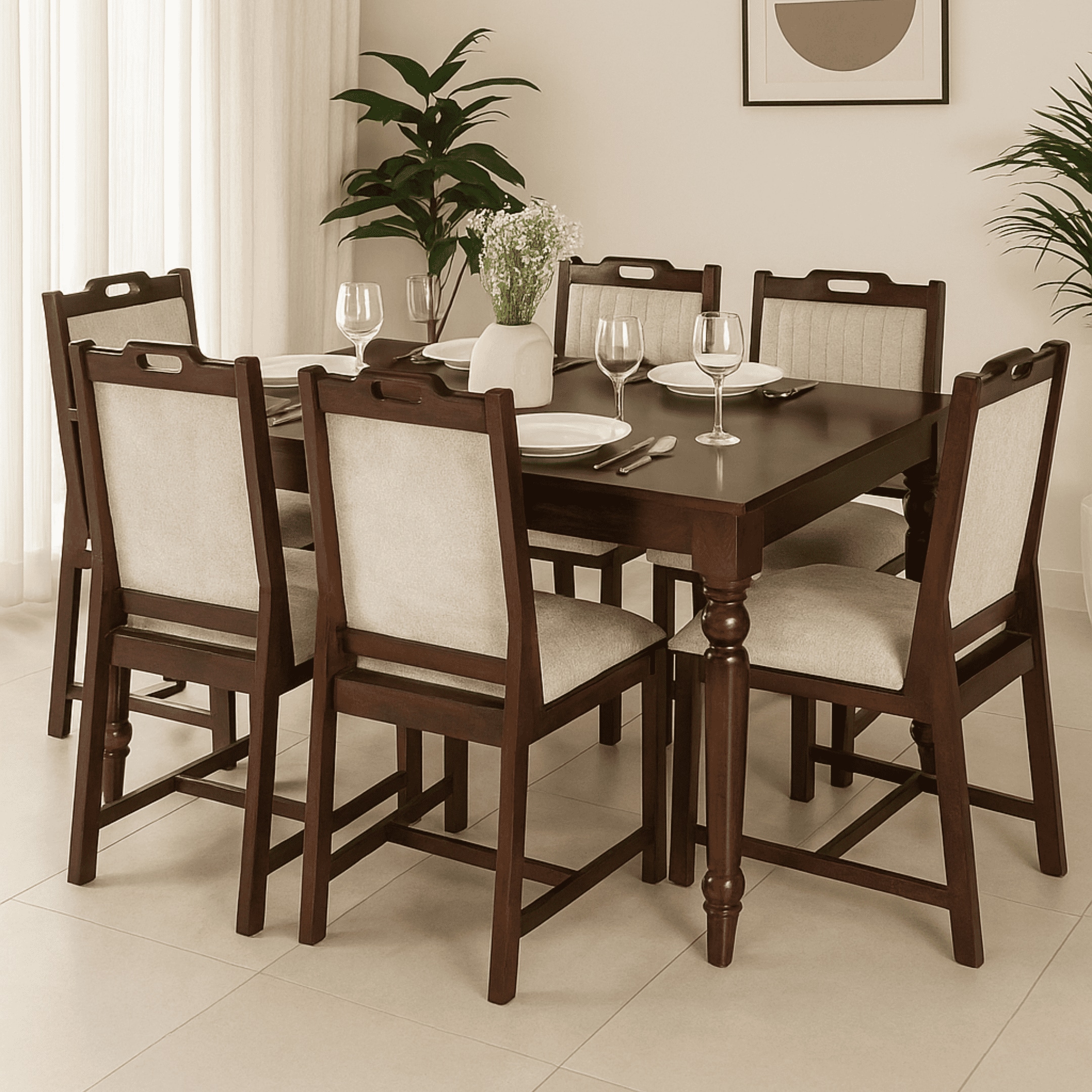 Globally Indian Compact Wooden 6 Seater Dining Table Set – Comfortable 6 Upholstered Seat and Back in Beige Sapphire