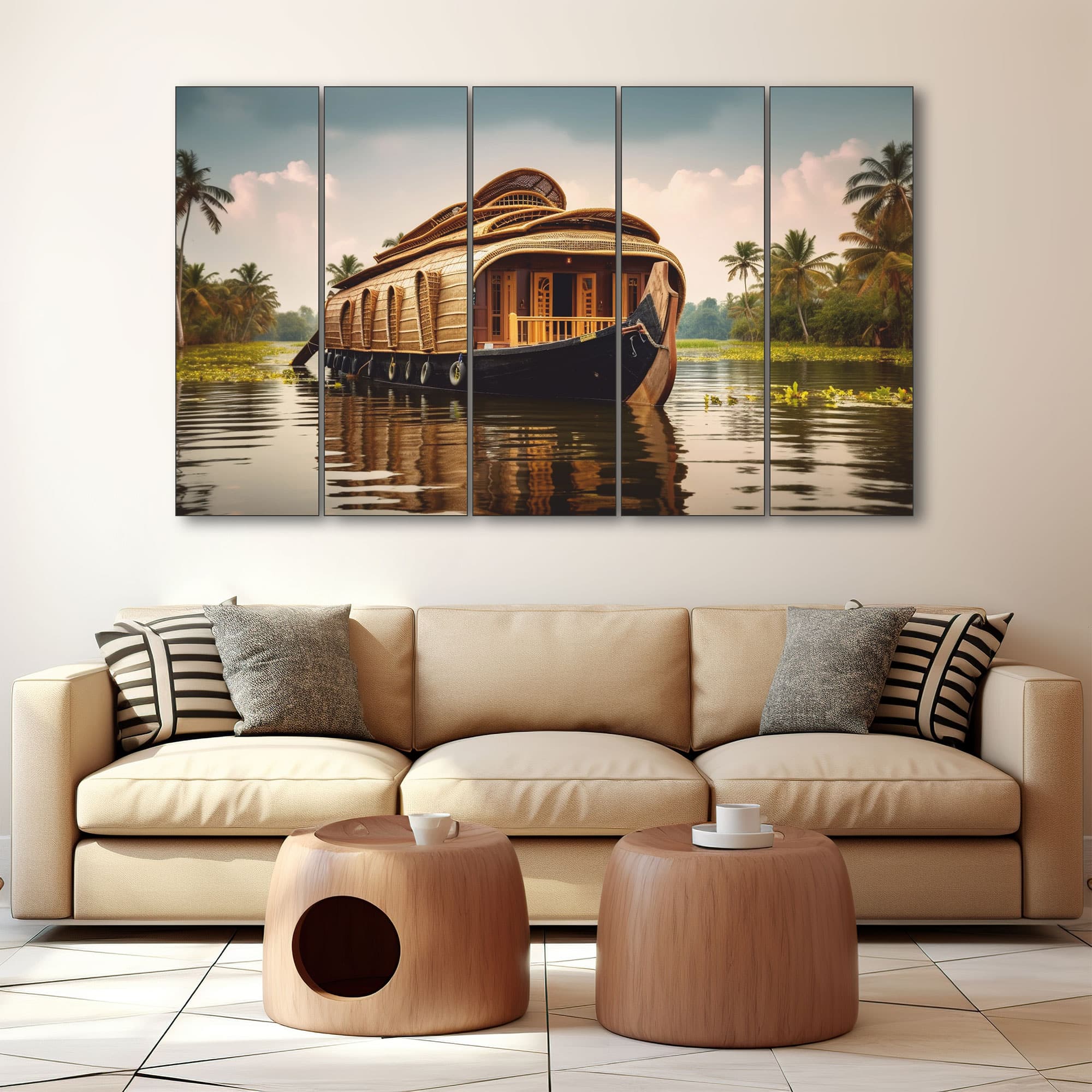 The Castle Decor Kerala Houseboat Wall Art Set of 5 Digital Painting 27x48 Inch - The Castle Decor