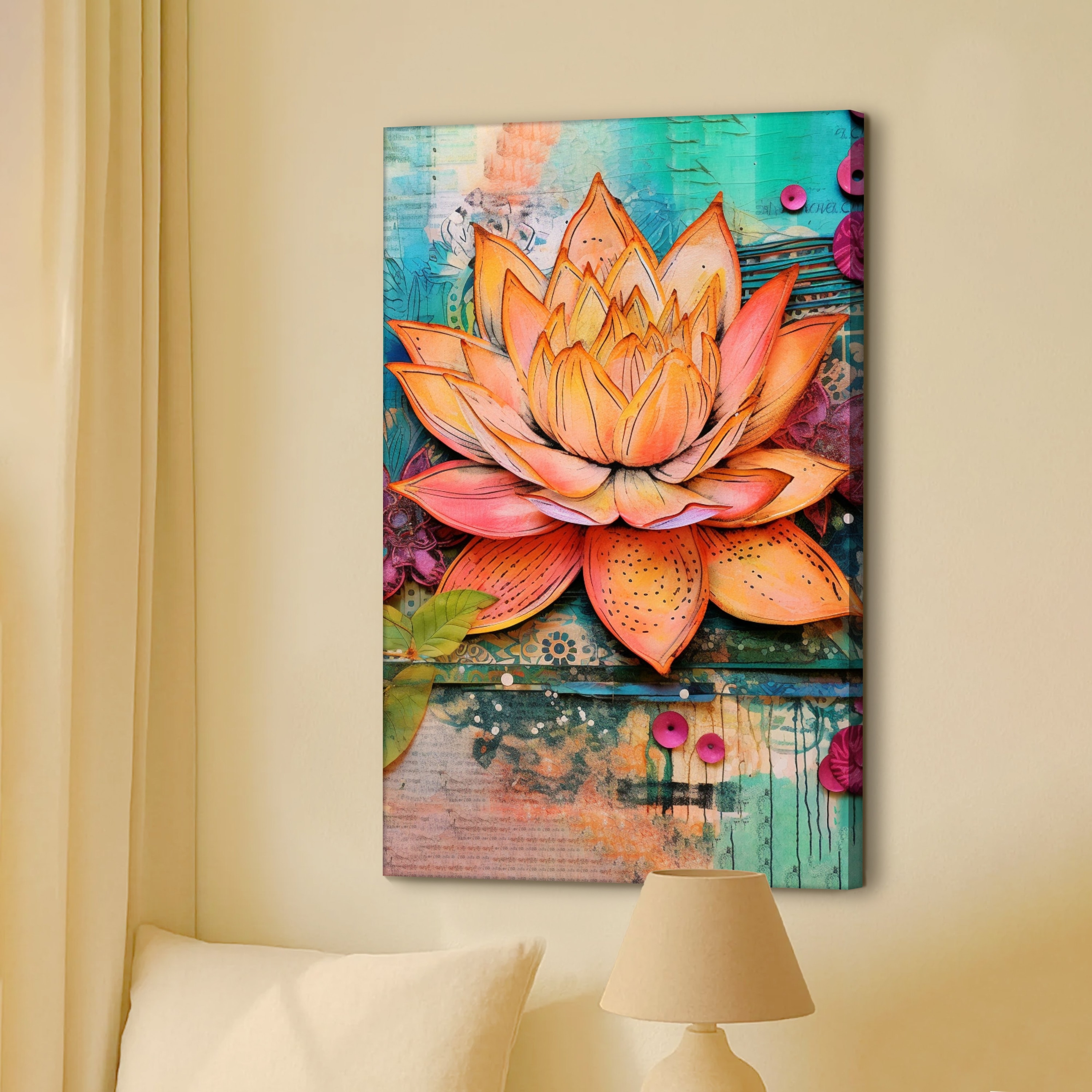 Abstract Digital Lotus Flower Canvas Wall Art 22 x 34 Inch - Art Street