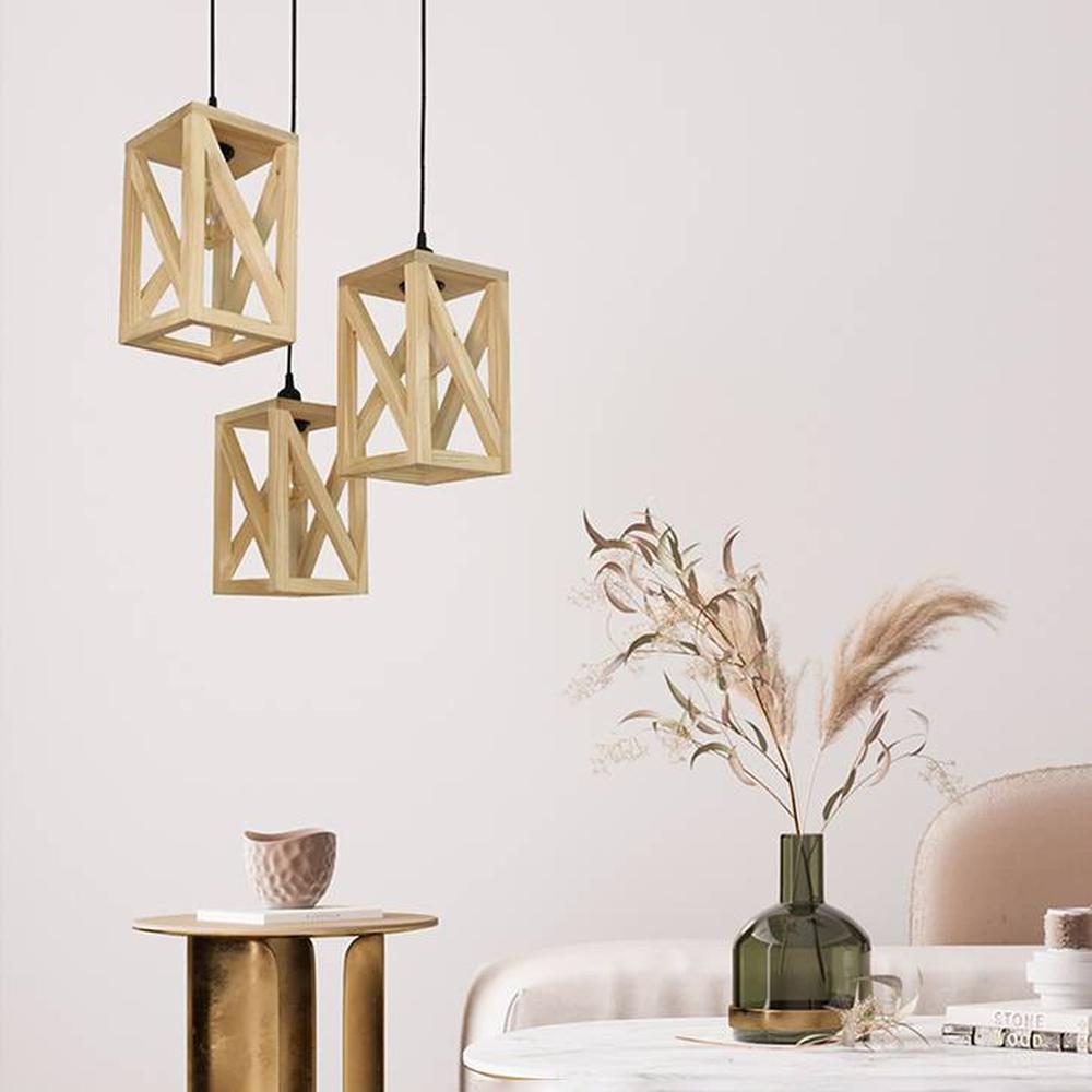 Symmetric Beige Solid Wood Cluster Hanging Light