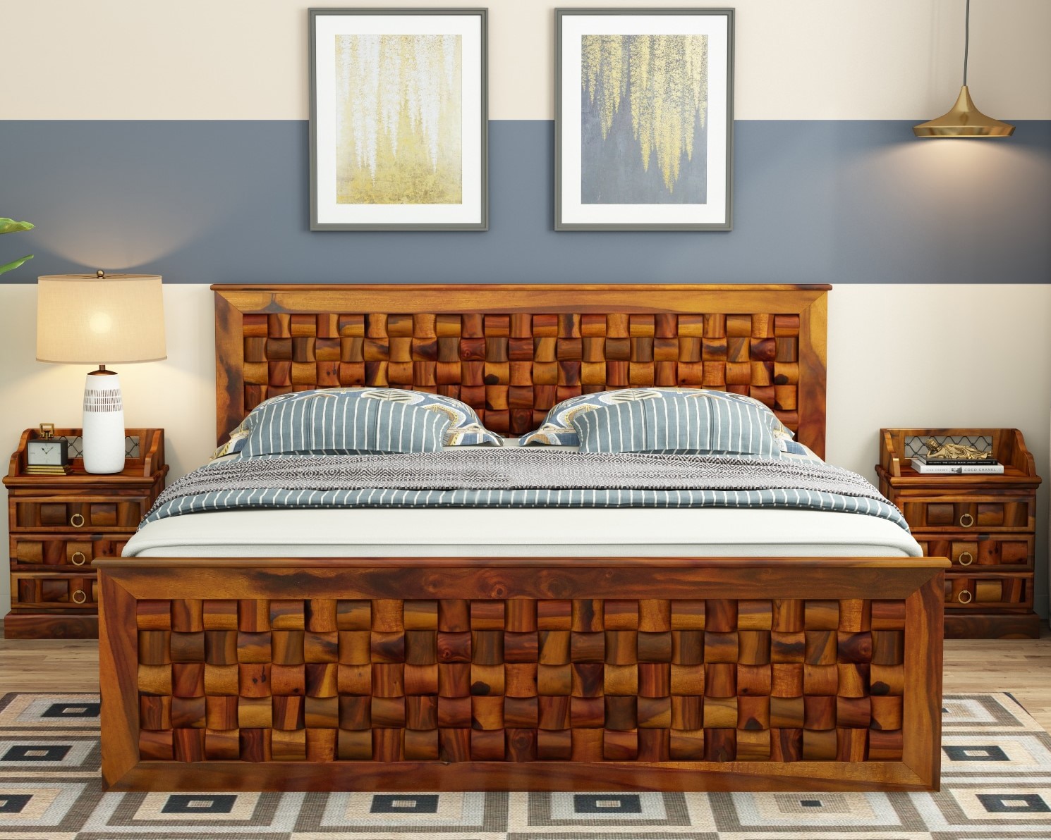 Moglis Solid Wood King  Size Bed With Drawer Storage Bed In Honey Oak Finish