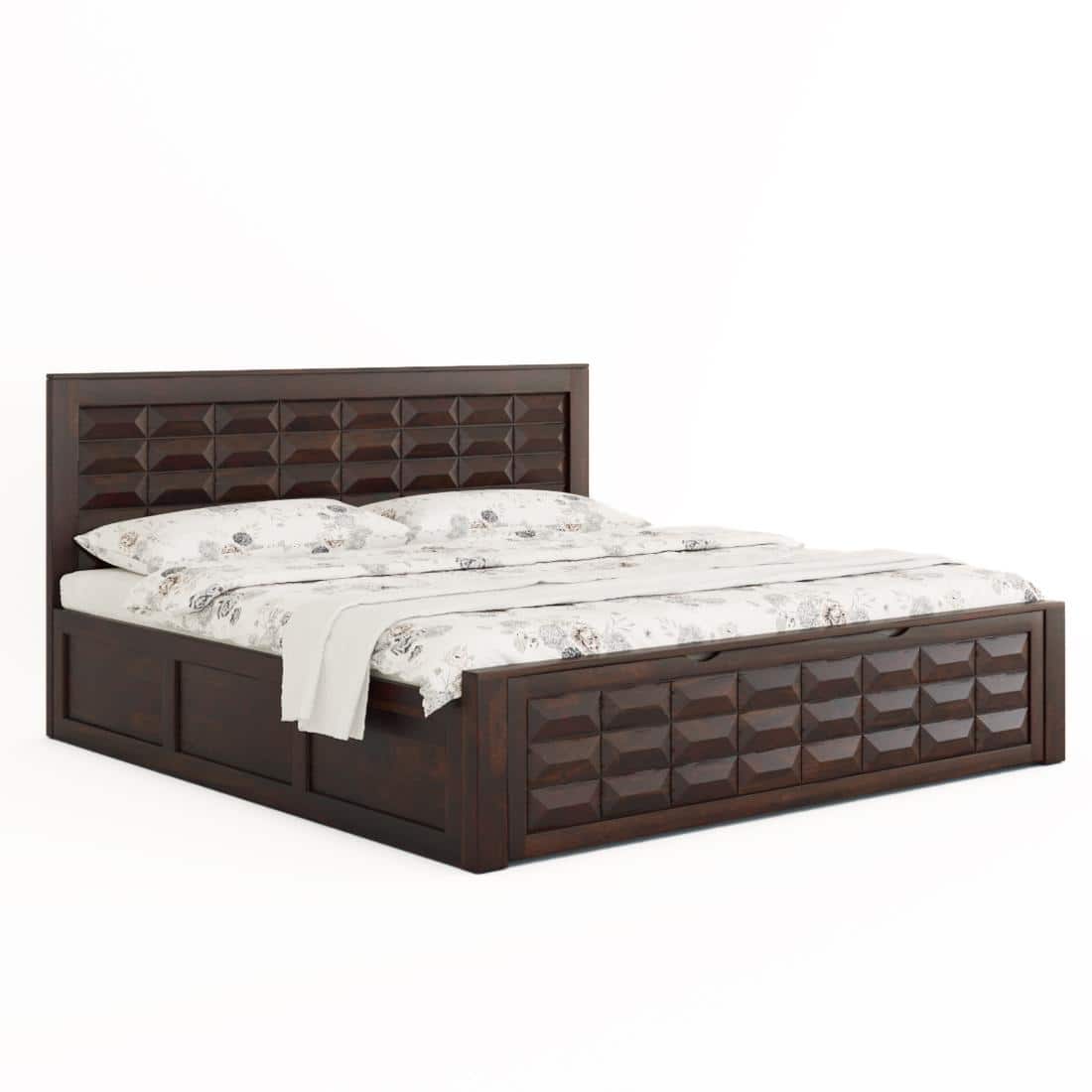 Shashi Solid Wood King Size Bed With Box & Front Drawer Storage Bed In Walnut Finish
