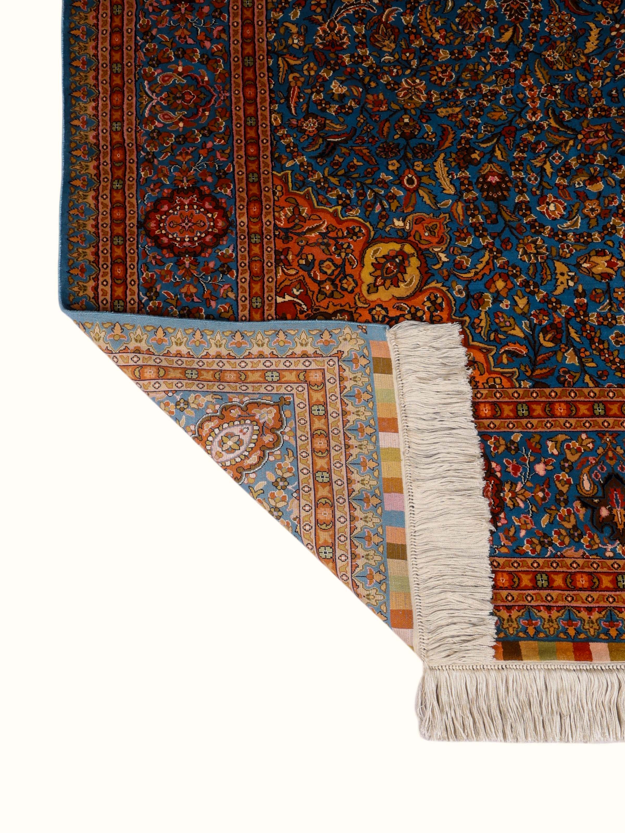 Traditional Persian Azure Rust Isfahan Kashmir Silk Hand-Knotted Carpet