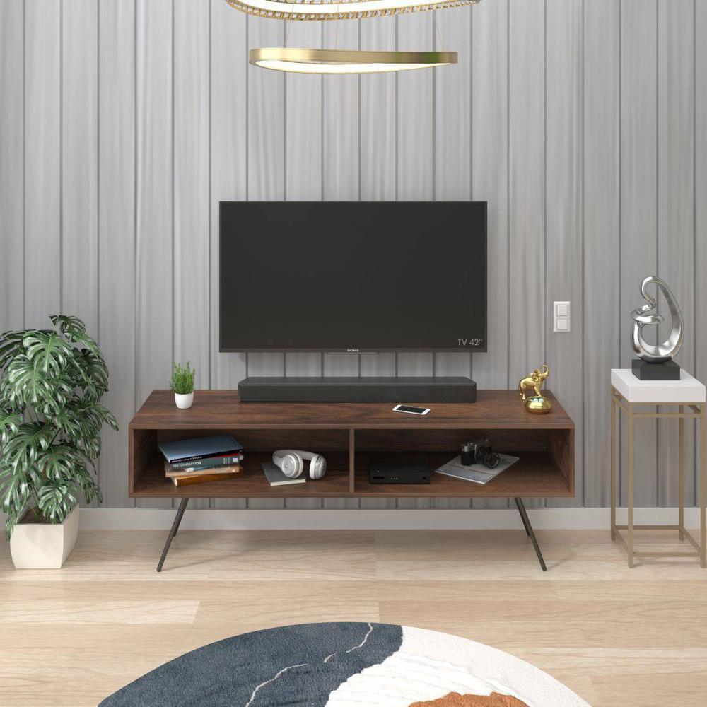 Averyl Engineering Wood TV Entertainment Unit Set Top Box Stand/TV Cabinet with Shelves for Books & Décor Display Unit with Black Pencil Legs, Ideal for 55 Inches (Brown Maple)