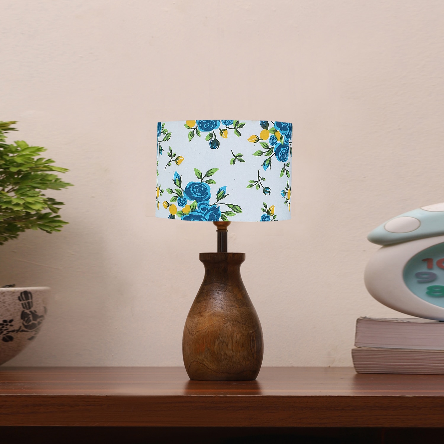 Devansh Multicolor Cotton Table Lamp With  Wood Natural Base (7X13 Inches)-14 - Devansh