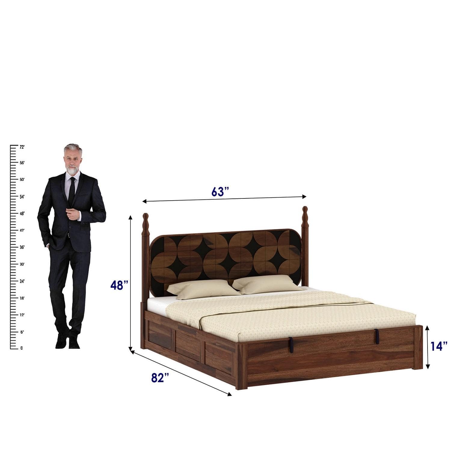 Rustic Sheesham Wood Queen Size Bed With Hydraulic Storage In Provincial Teak Finish