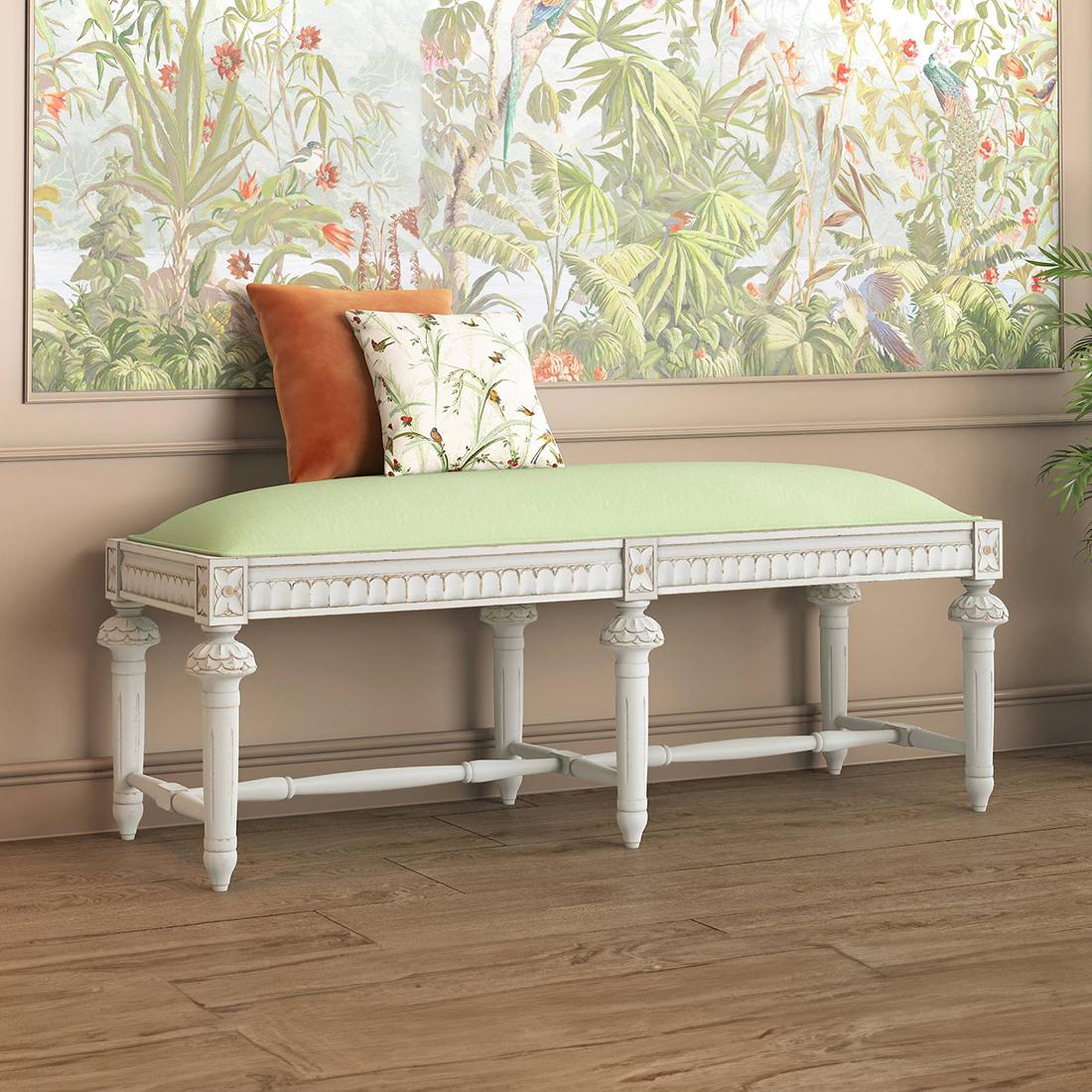 Lucine Upholstered Solid Wood Bench In White Finish With Tender Green Fabric Colour