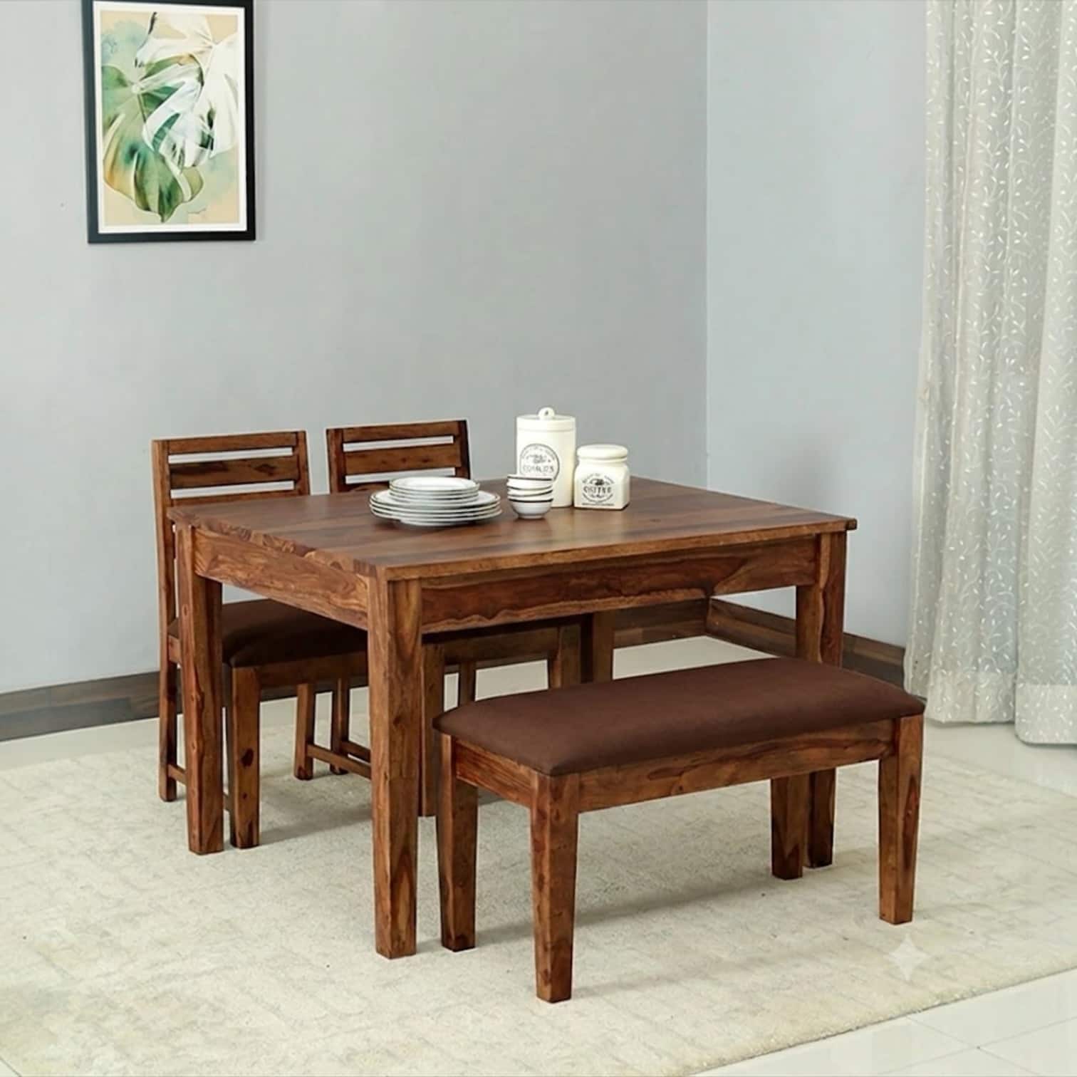 Arbor 4 Seater Dining Set with Cushioned Bench in Beige Colour - Interior Valley