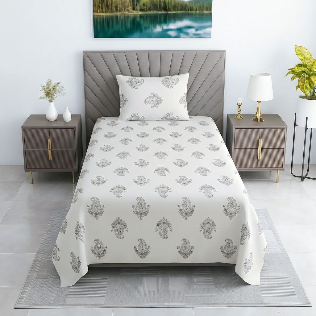 Black And White Floral 330 Tc  Cotton Flat  Single Bed Size Bedsheet With 1 Pillow Cover