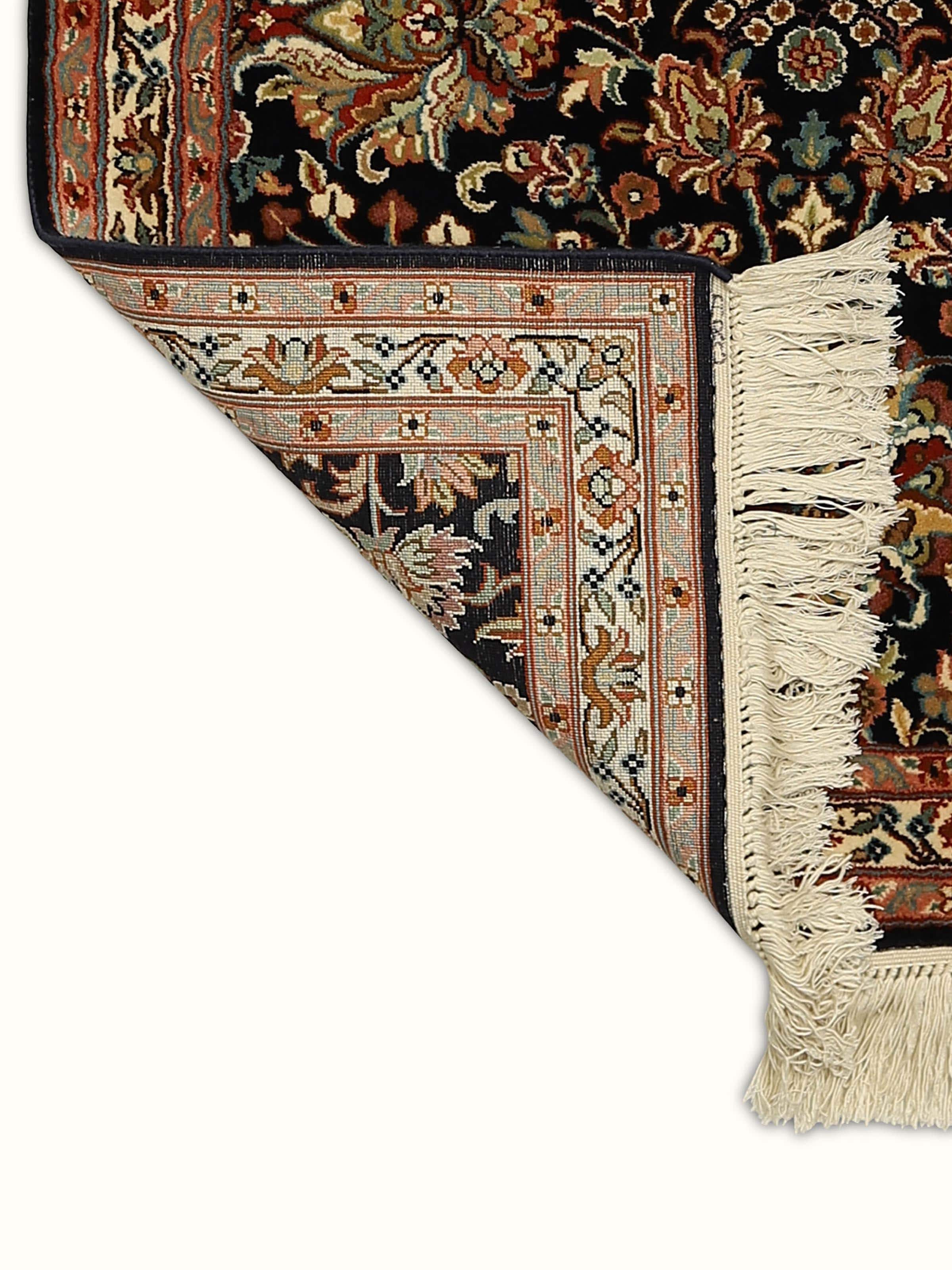 Traditional Persian Navy Blue Shah Abbasi Kashmir Silk Hand-knotted Rug