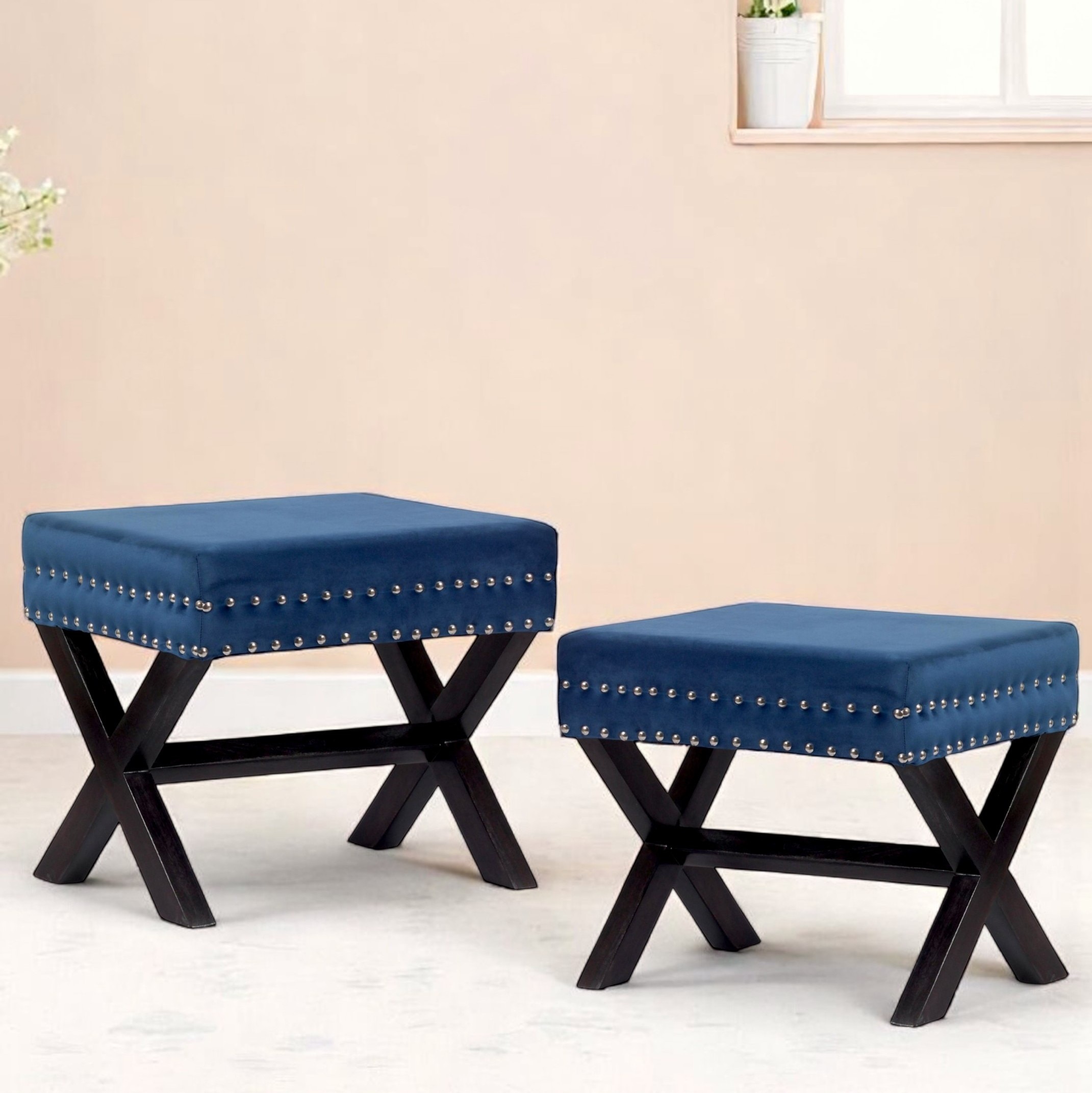 Rosslyn Sheesham Wood Accent Set of 2 Ottoman Pouffees in Navy Blue Velvet, Dark Mahogany Finish