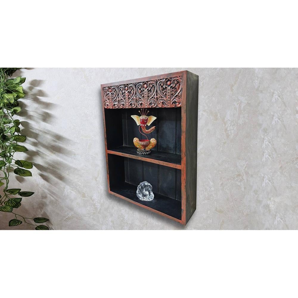 Kasika Red Colour Solid Wood Handcarved Box Style Floating Wall Shelf with compartment