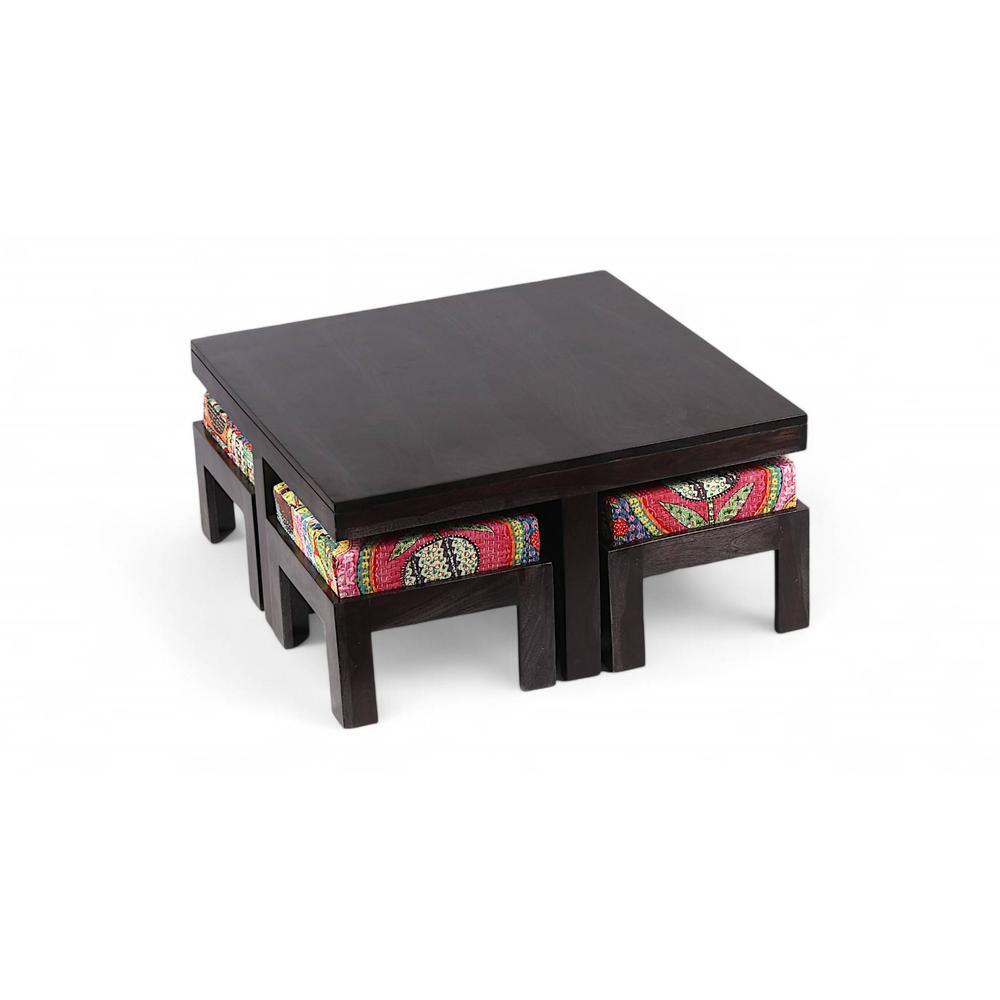 Blane Sheesham Wood Coffee Table With 4 Stools Set In Mahogany Finish & Multi Colour Israel Print Kantha Fabric Cushions