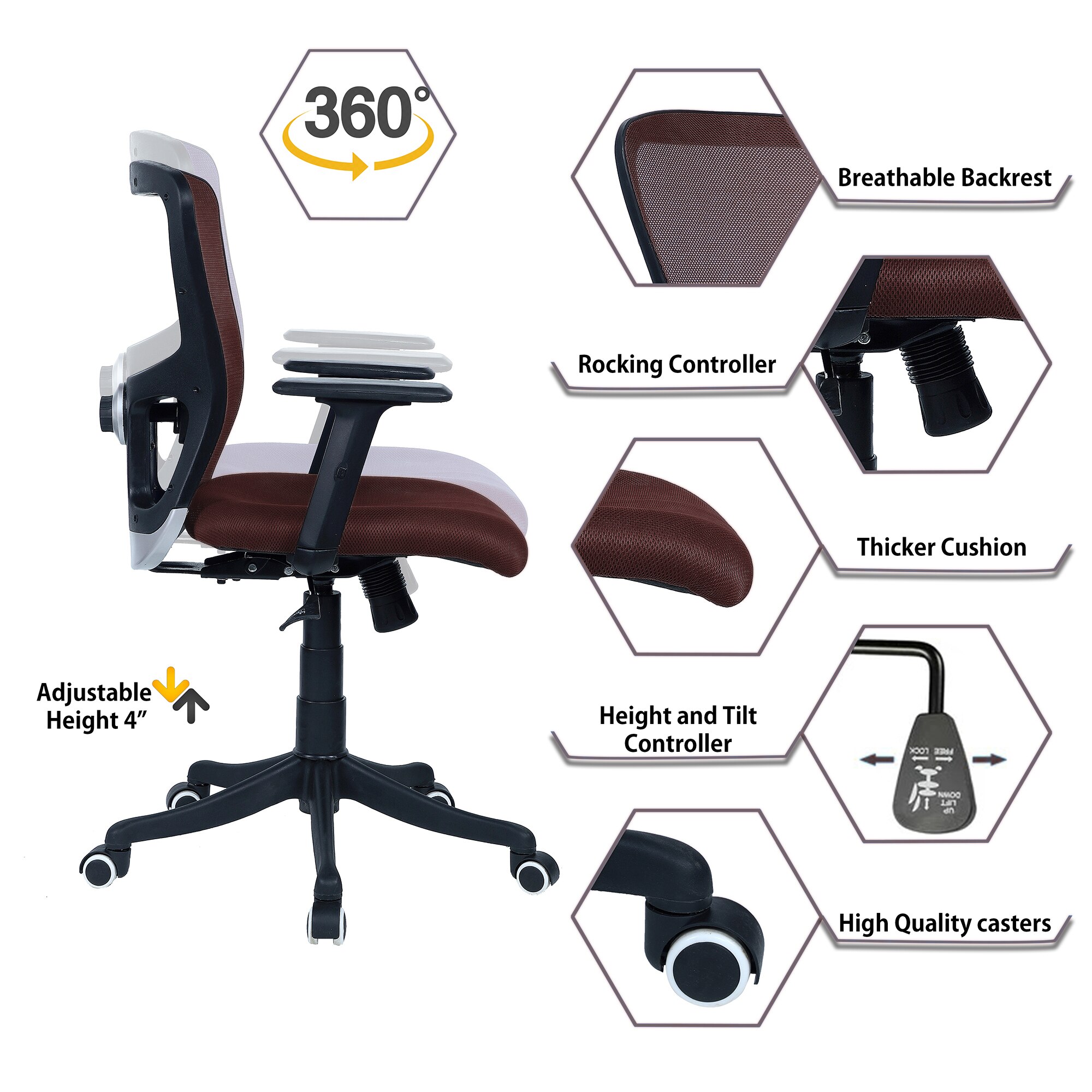 Peacifice Mid Back Ergonomic Chair in Brown Colour