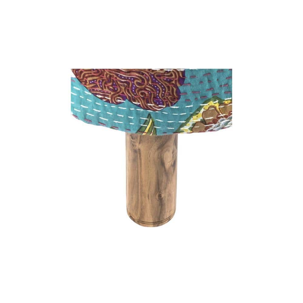 Morgan Solid Wood Pouf Stool in Floral Print Green Kantha Fabric
