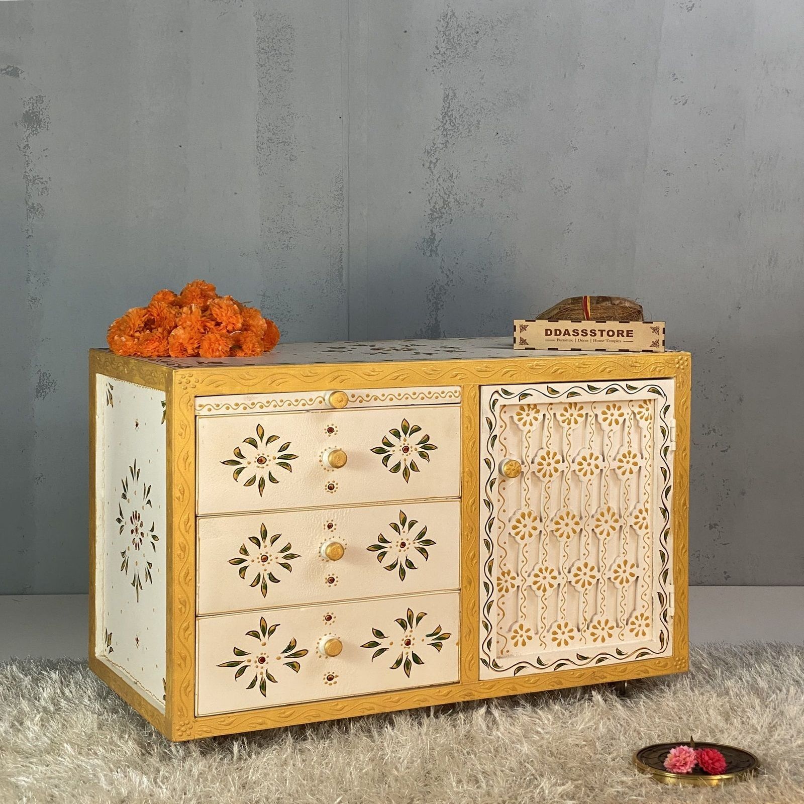 D'Dass Yellow Mdf and Sheesham  Wall Hanging Wooden Temple For Pooja