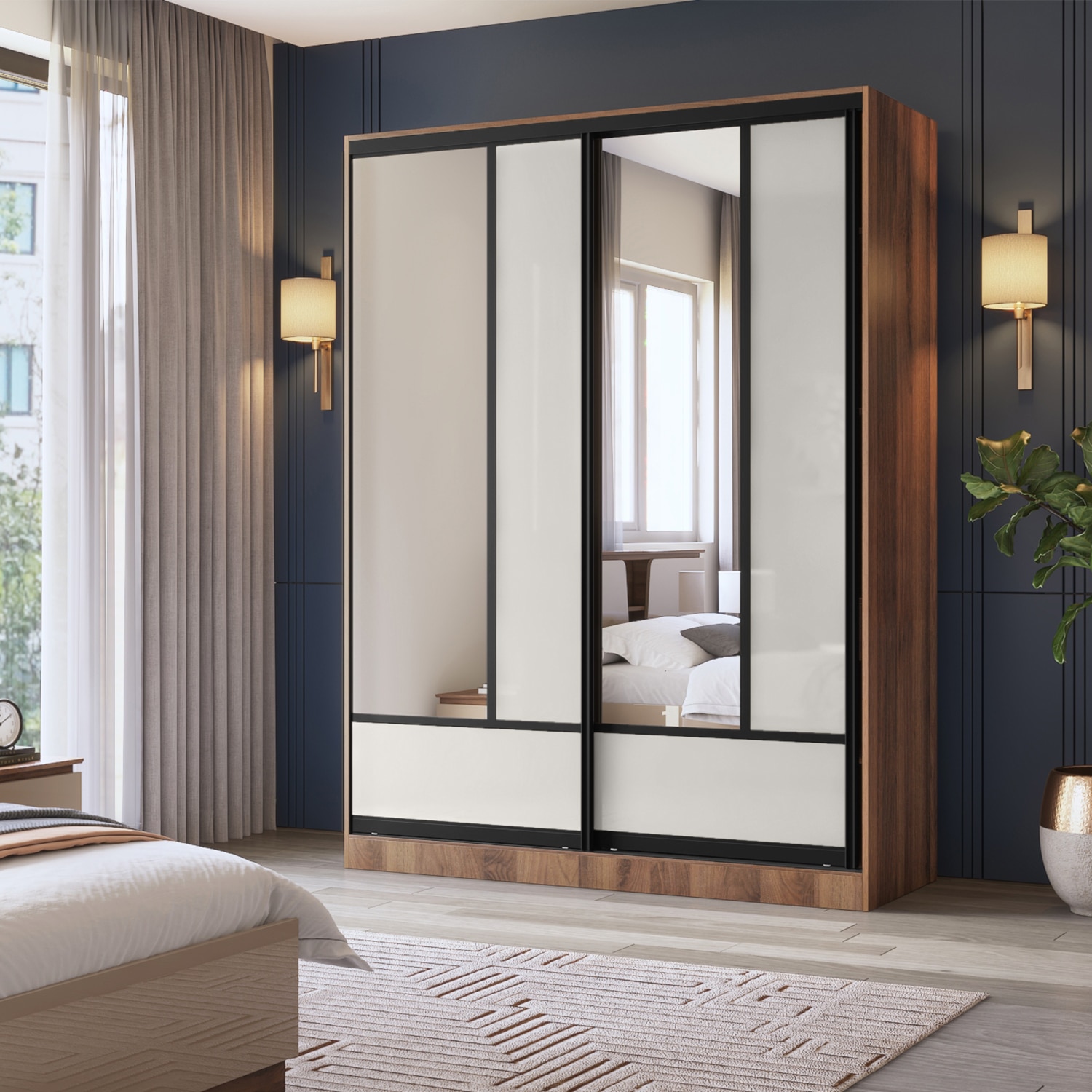 Velora Premium 2 Door 8ft Sliding Wardrobe with mirror in Blade grey Classic Walnut Finish