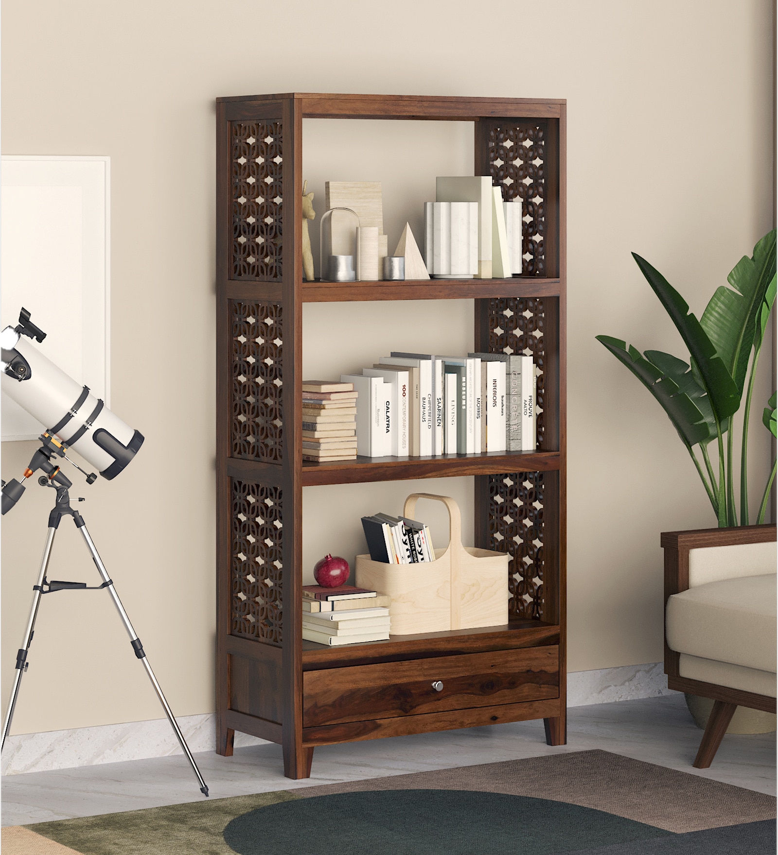 Vishi Solid Wood  Bookshelf in Provincial Teak Finish - Woodenmood