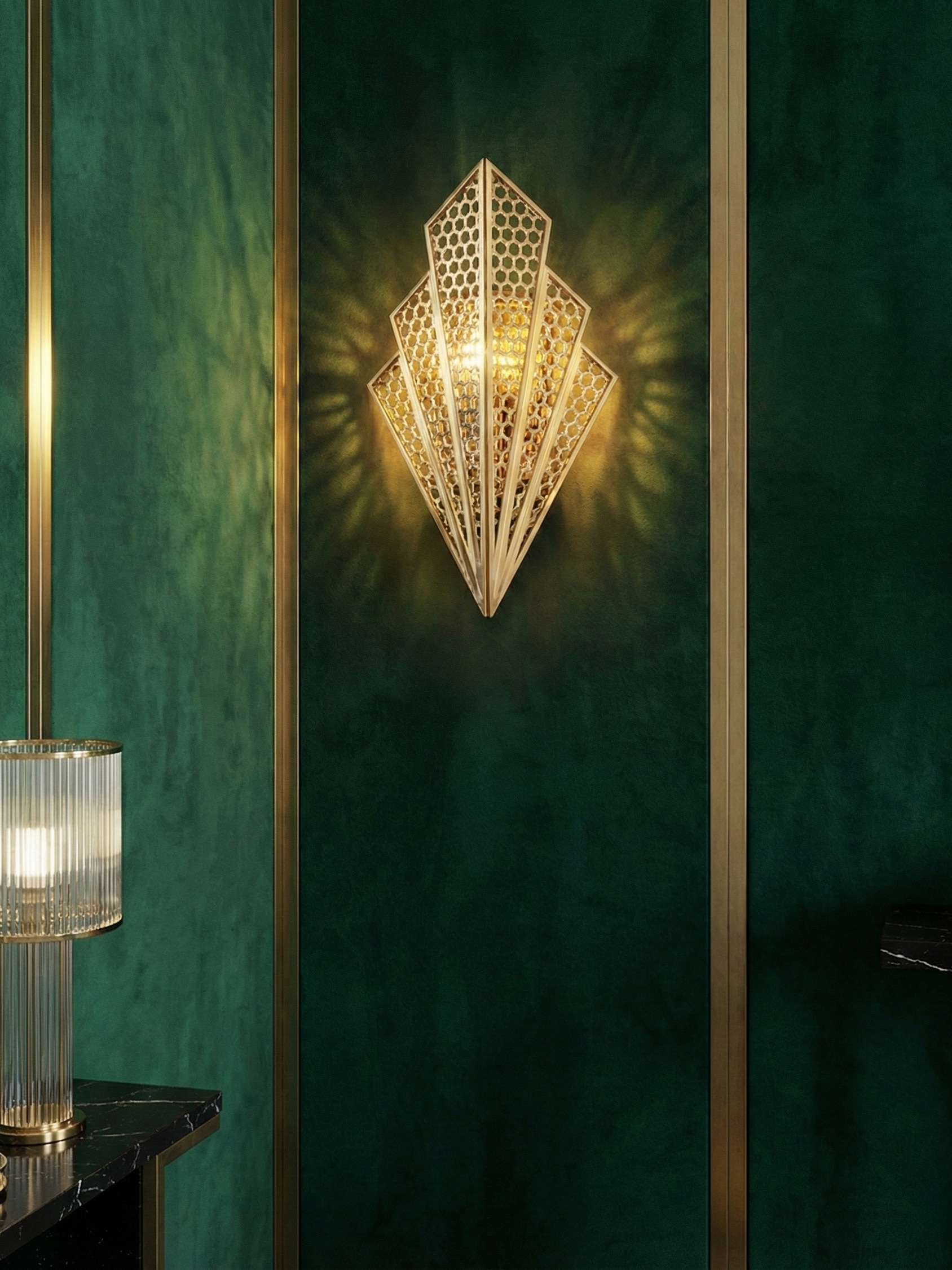 Lifestyle view of Nakash Brass Galaxy Triangular Wall Light