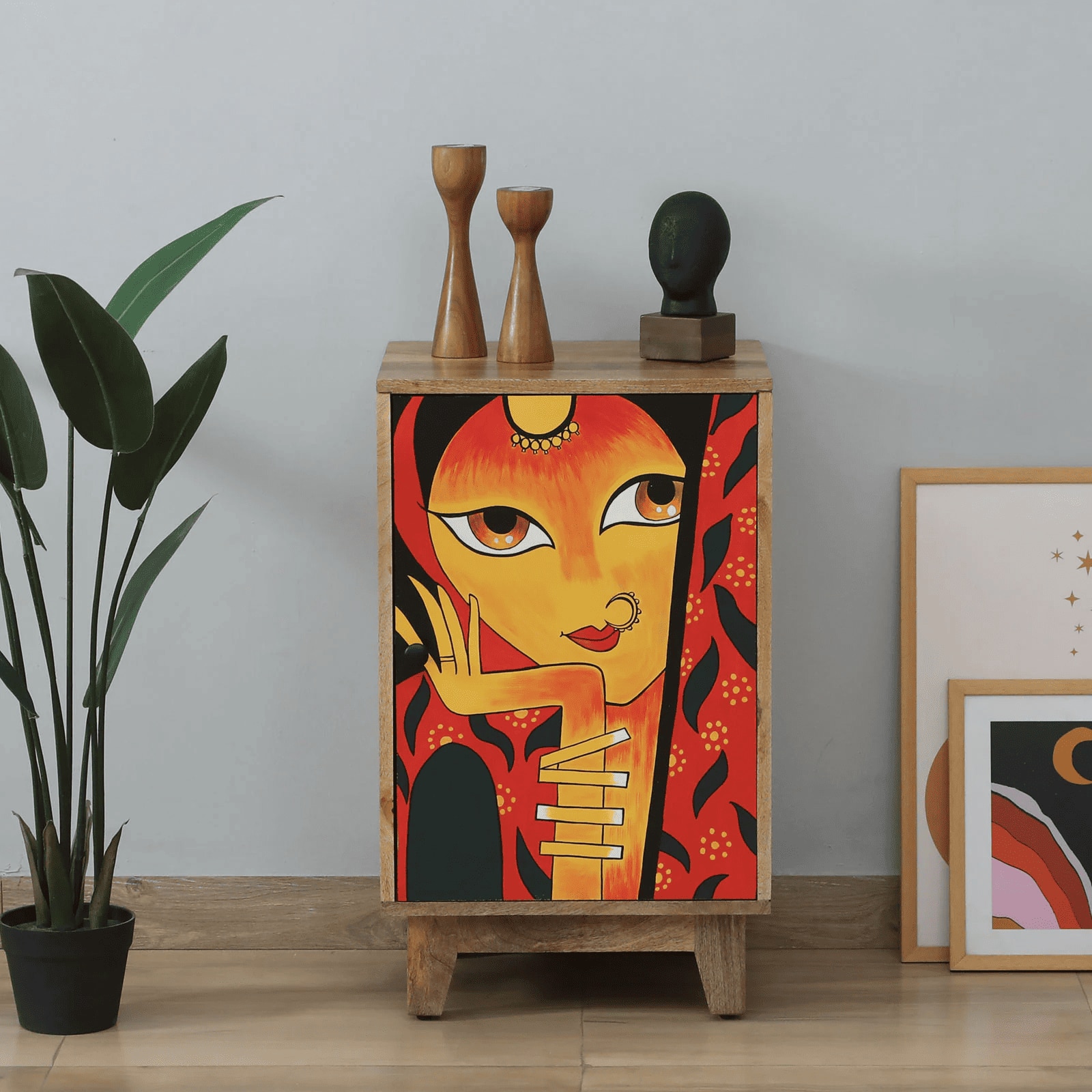 KevinMango Wood Hand Painted Multicolour 1 Door Small Cabinet In Natural Finish