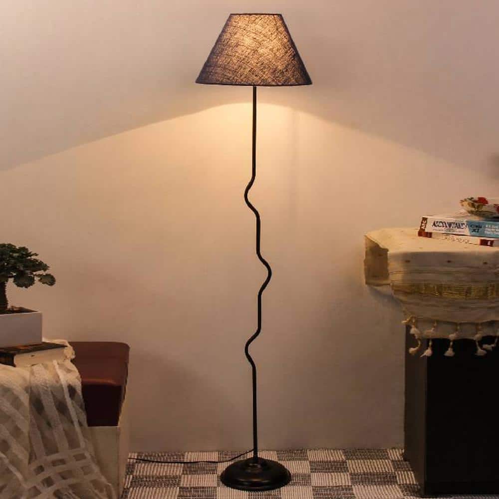 Anais Maroon Natural Fiber Floor Lamp with Black Iron Base