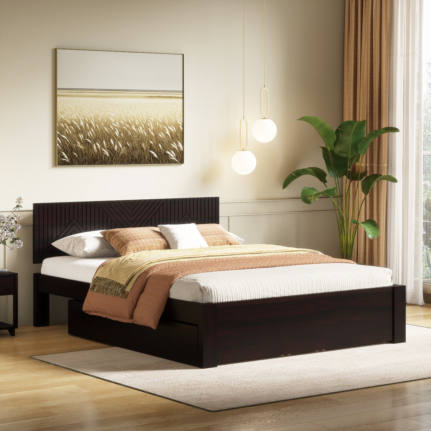 Kuba Solid Wood Queen Size Drawer Storage Bed In Mahogany Finish