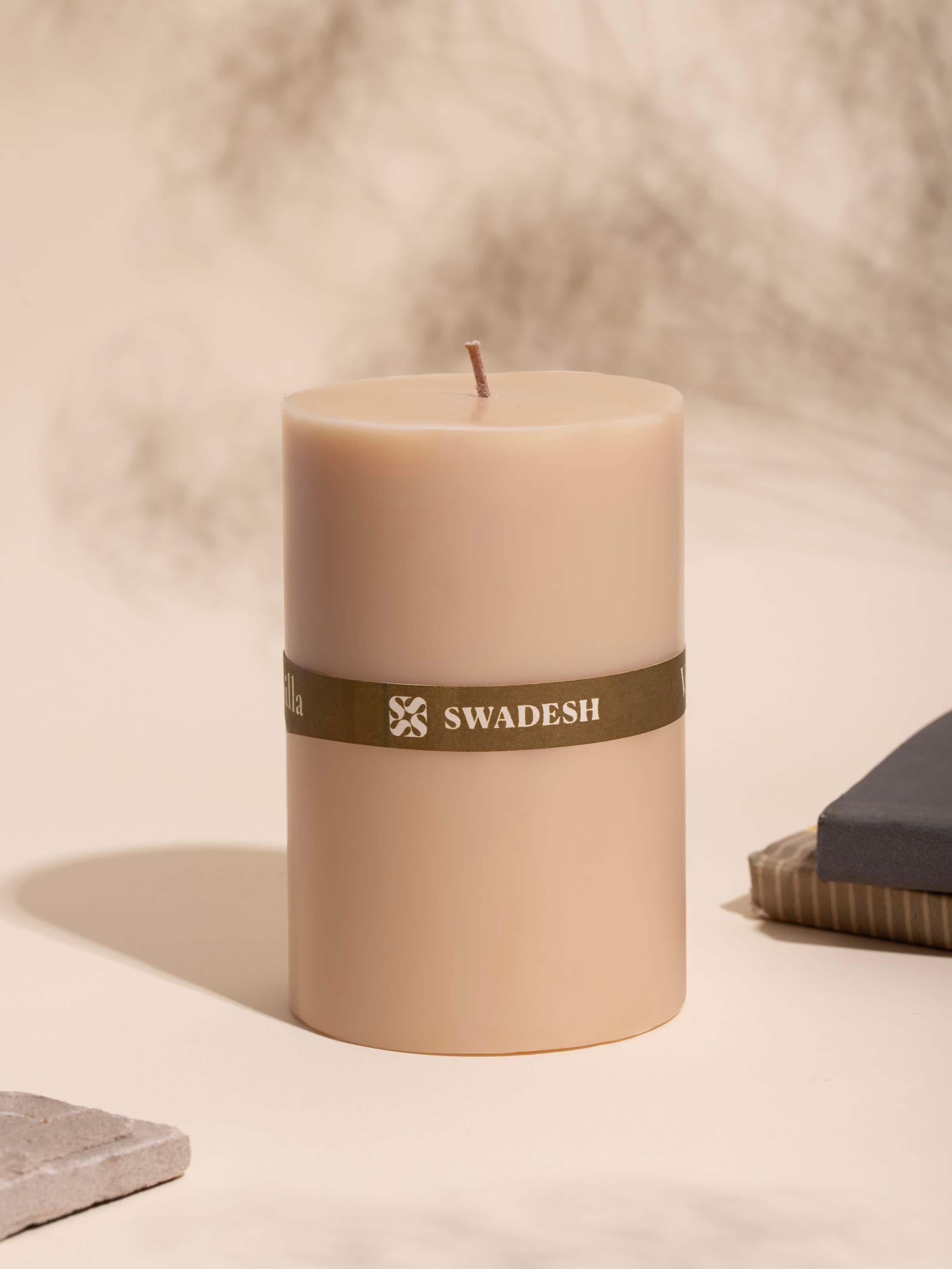 Side view of Vanilla Pillar Candle (4.5 inches) highlighting candle shape and size