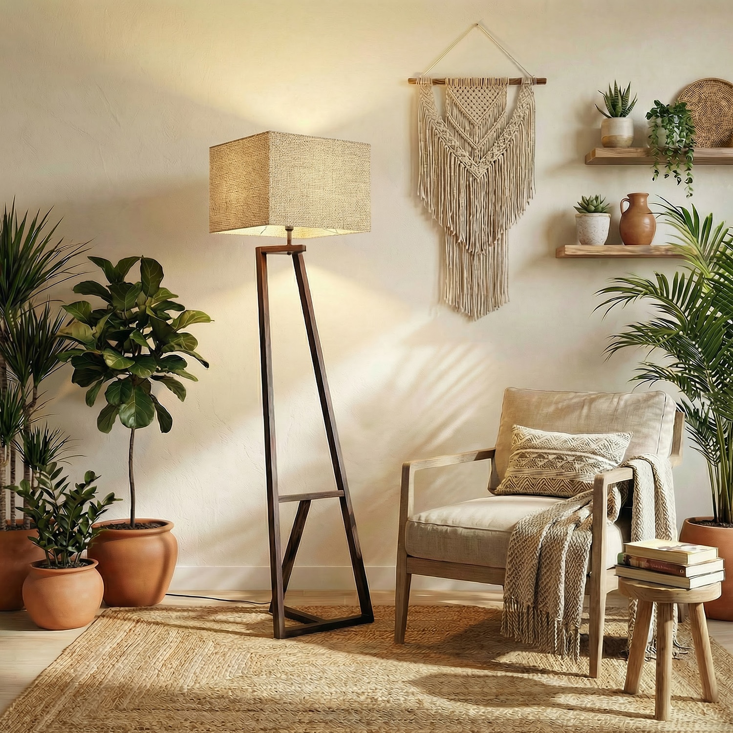 Angular Beige Jute Floor Lamp with Beige Jute Base