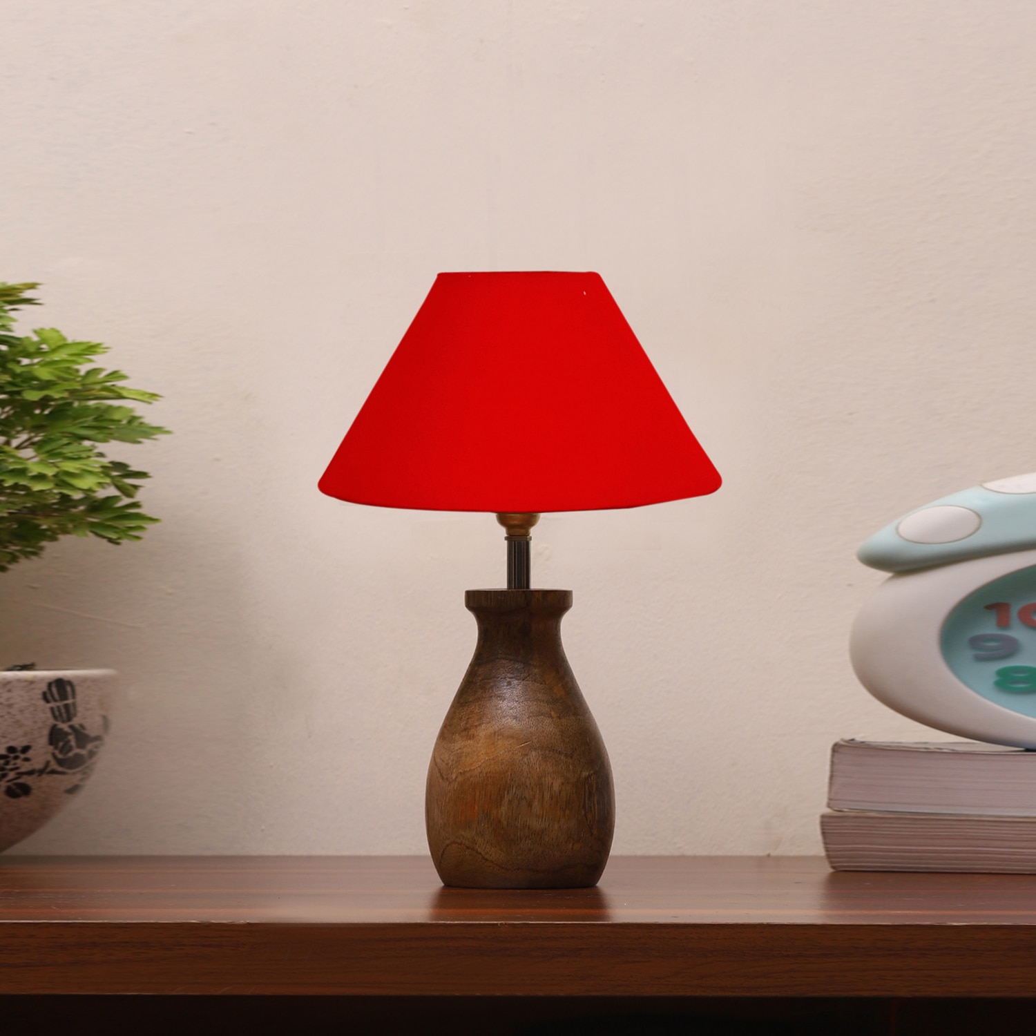 Devansh Red Cotton Table Lamp With Wood Natural Base (10X12.5 Inches)-27