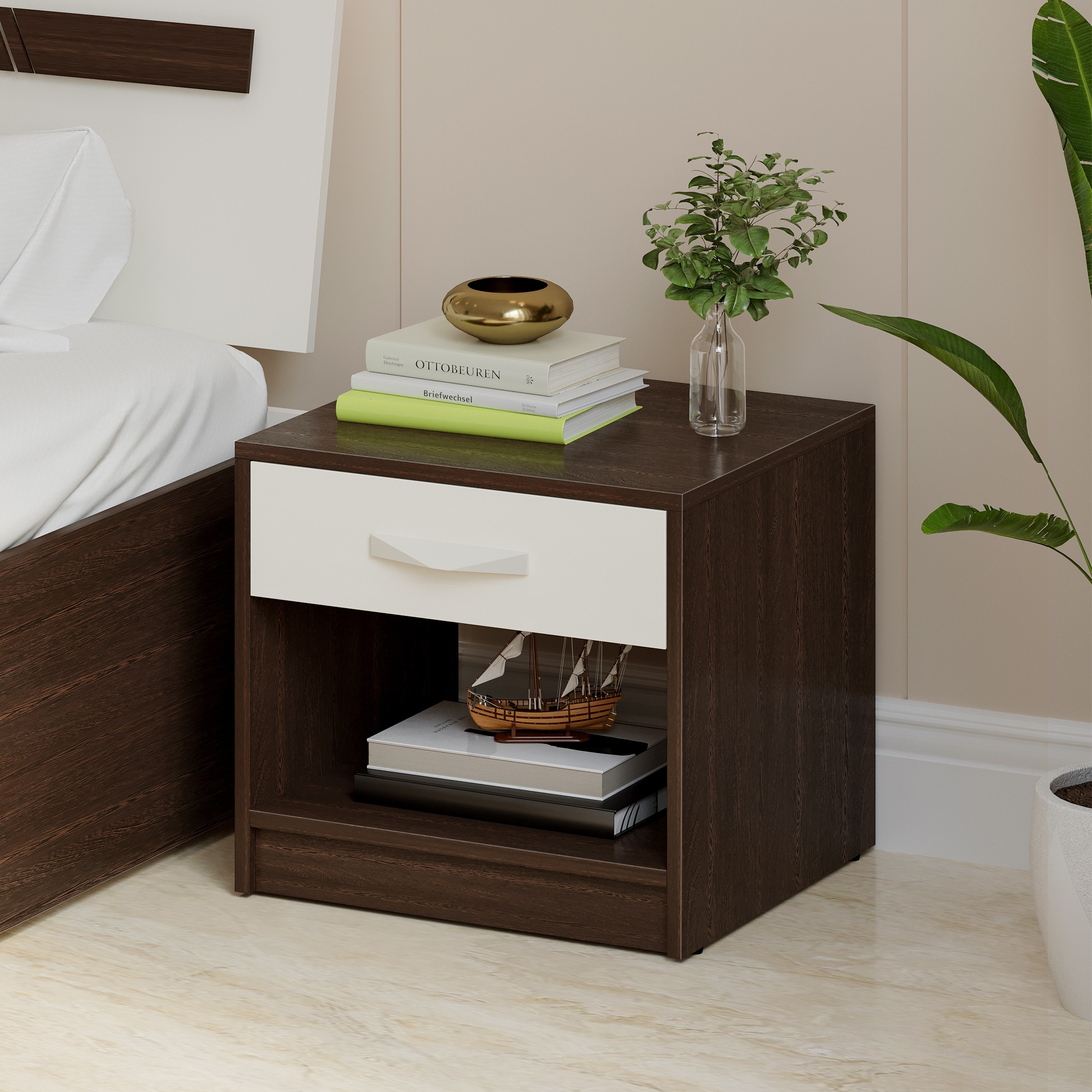 BLUEWUD Oliver Engineered Wood Bed Side Table, End Table with Storage and Drawer Lamp, Flower Stand for Bedroom Home Furniture (Wenge & White), 43 cm, 40 cm