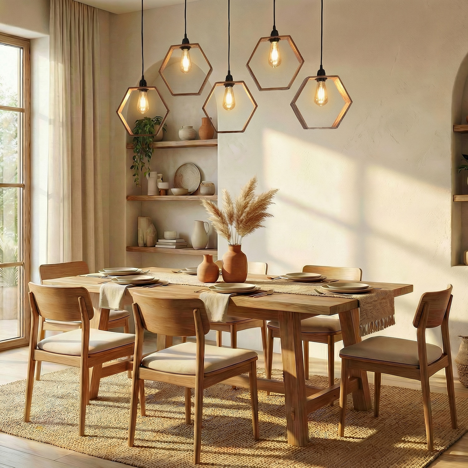Hexagram 5 Series Brown Solid Wood Cluster Hanging Light