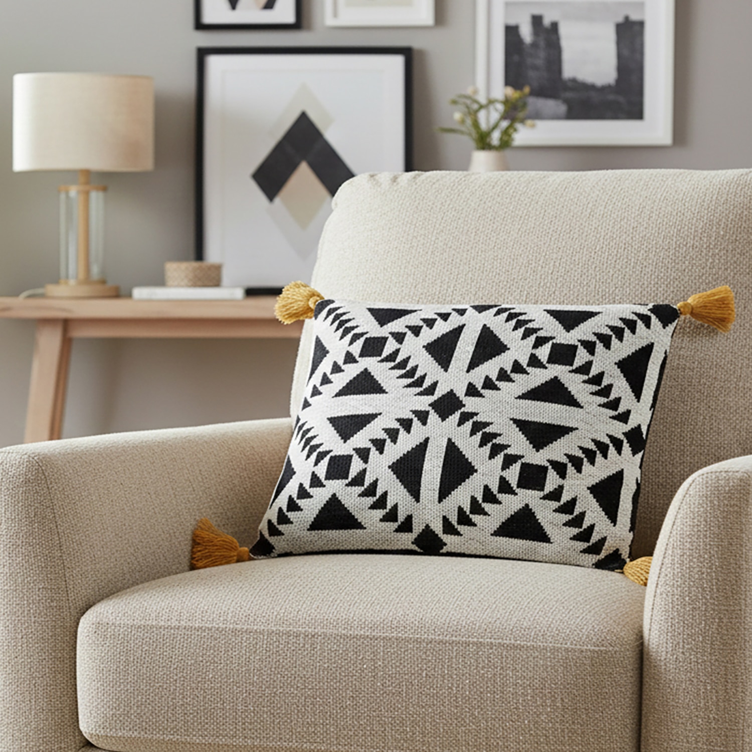 Abstract Black Mustard Cotton Cushion Cover 16X16  Inches - Pluchi
