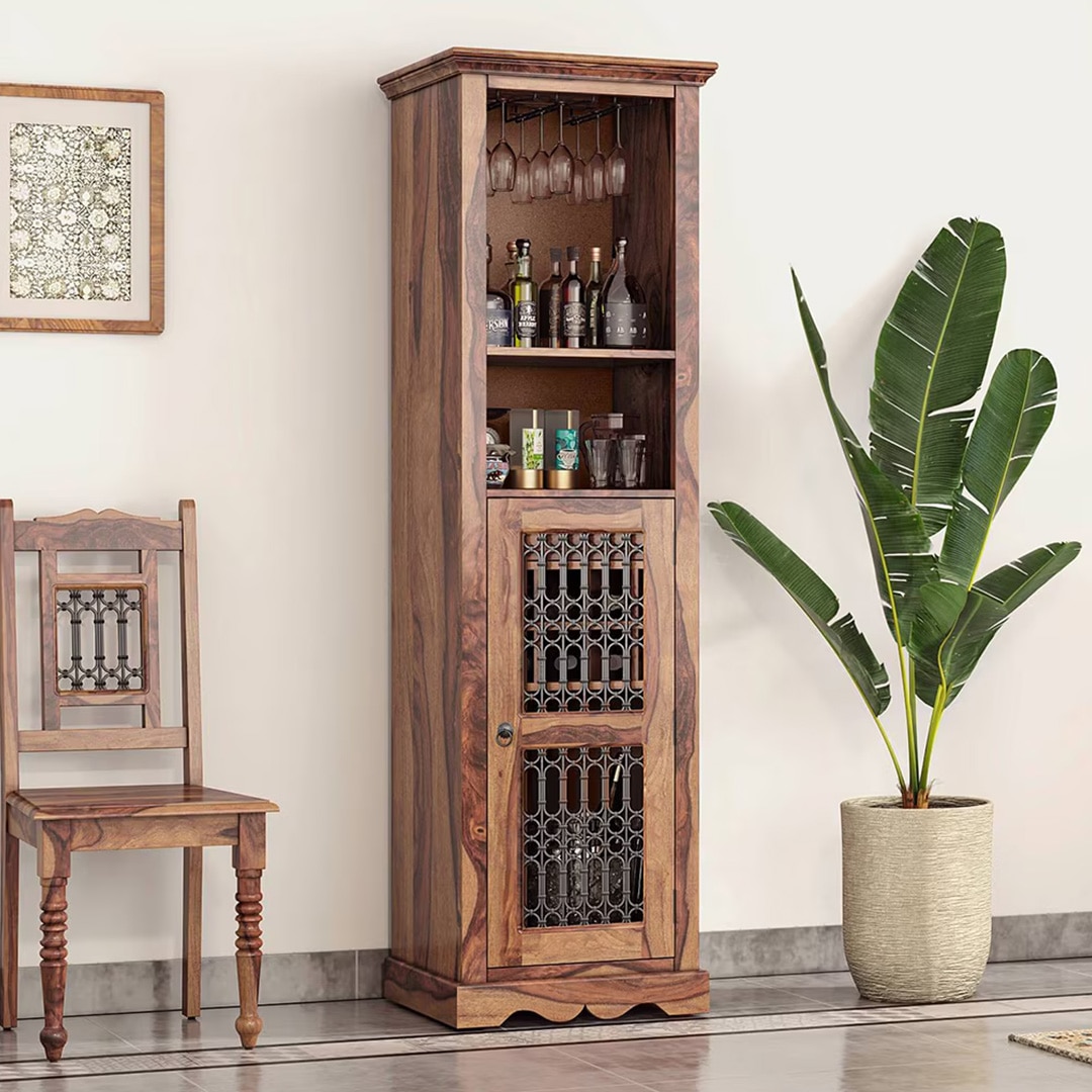 Bunai Solid Wood Bar Cabinet (Teak Finish) - Urban Ladder