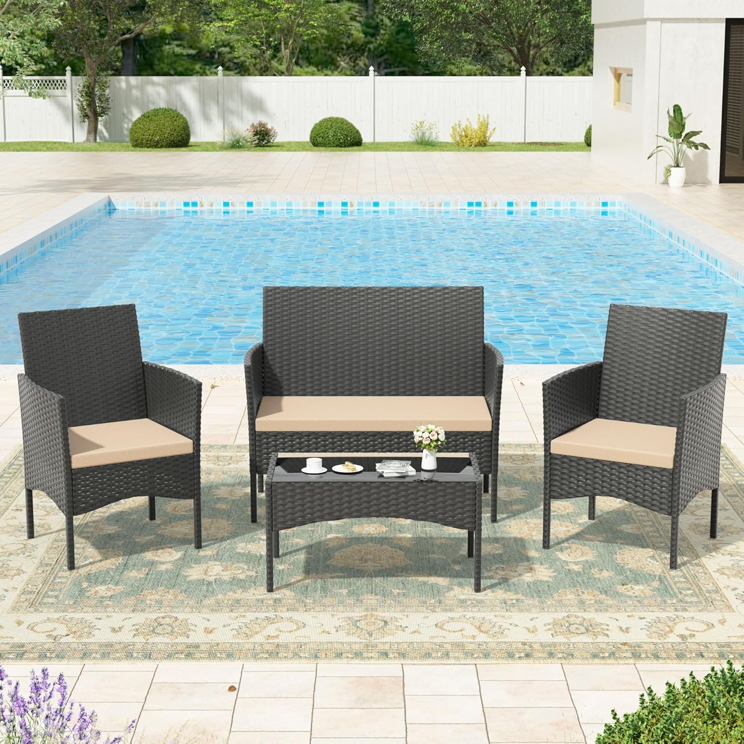 Carry Bird Wicker Patio Furniture Accessorie 4 Seater Sets In Black And Dark Beige Colour