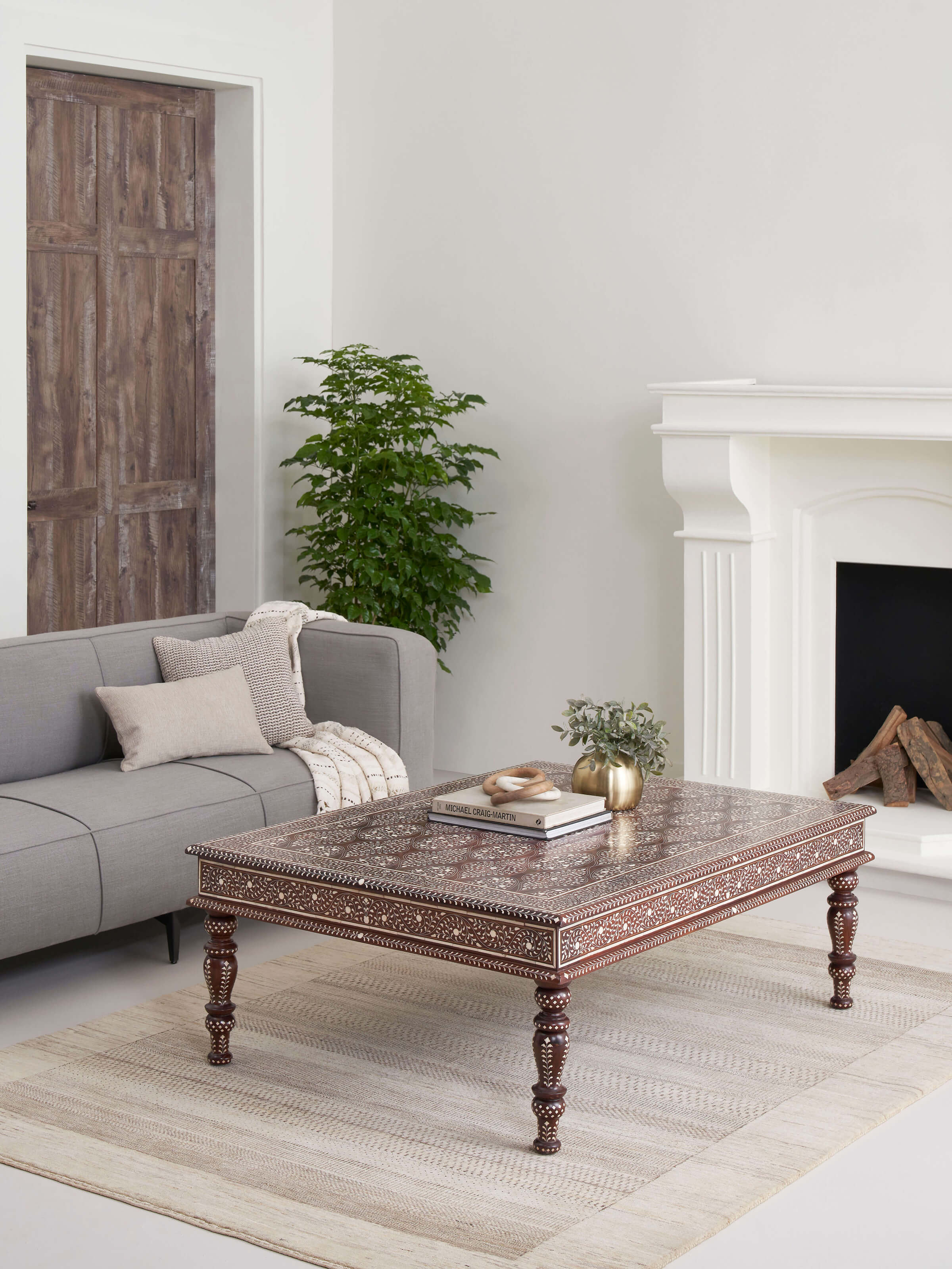 Side view of Bone Inlay Sheesham Wood Coffee Table highlighting its elegant craftsmanship and fine bone inlay detailing.