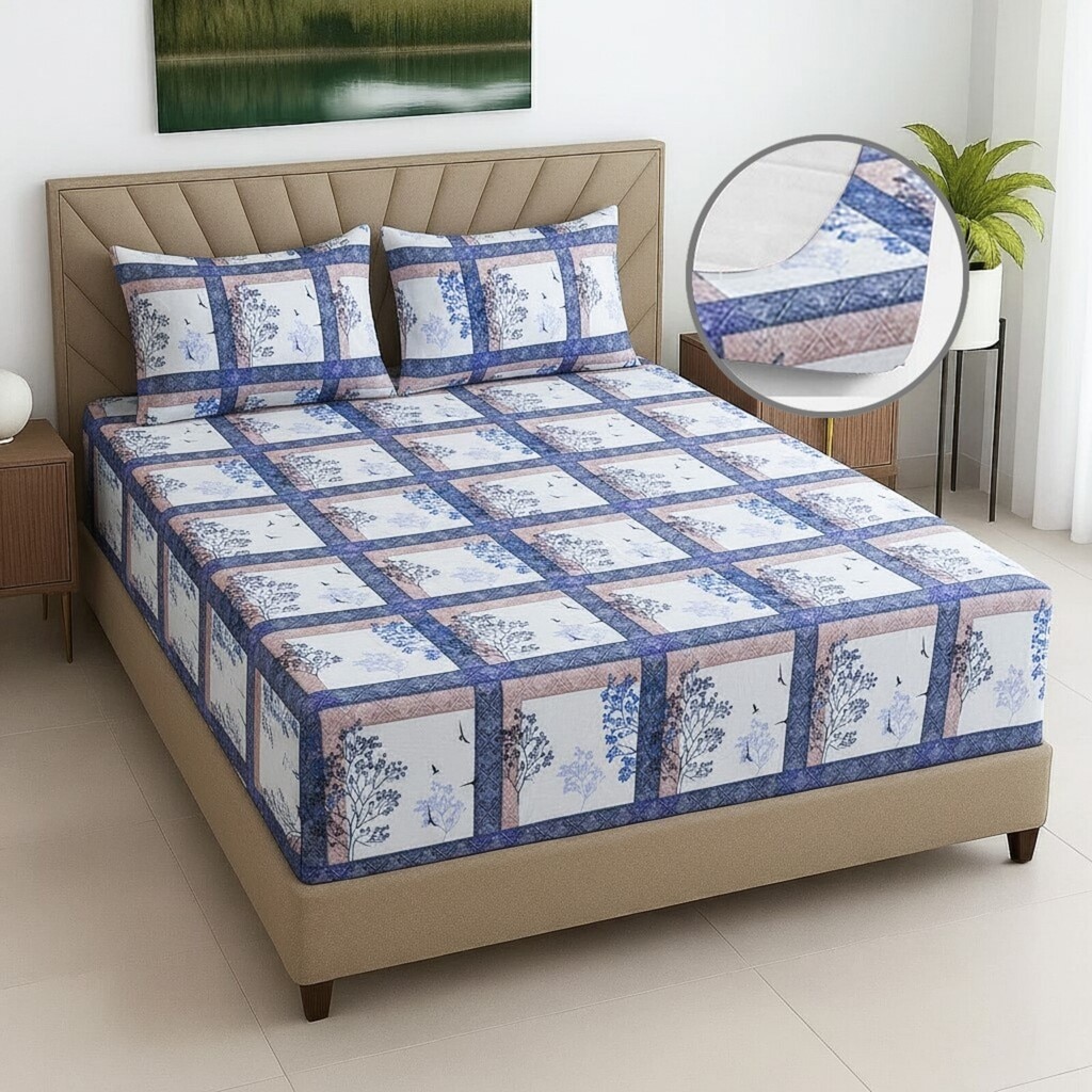 White Floral 270 TC Glaze Cotton Fitted Queen Size Bedsheet With 2 Pilllow Covers