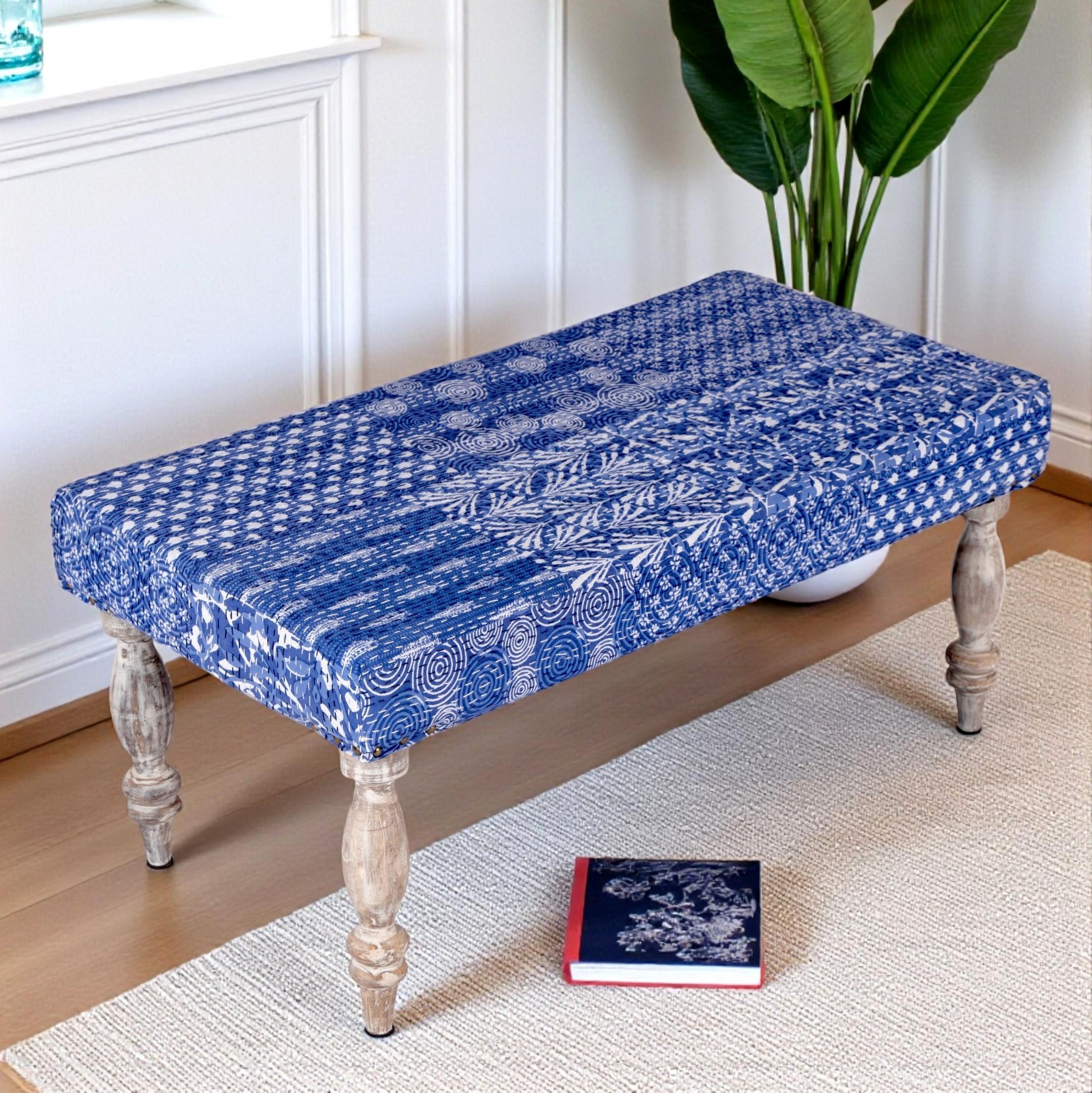 Bestone Solid Wood Bench In Indigo Patch Kantha Fabric