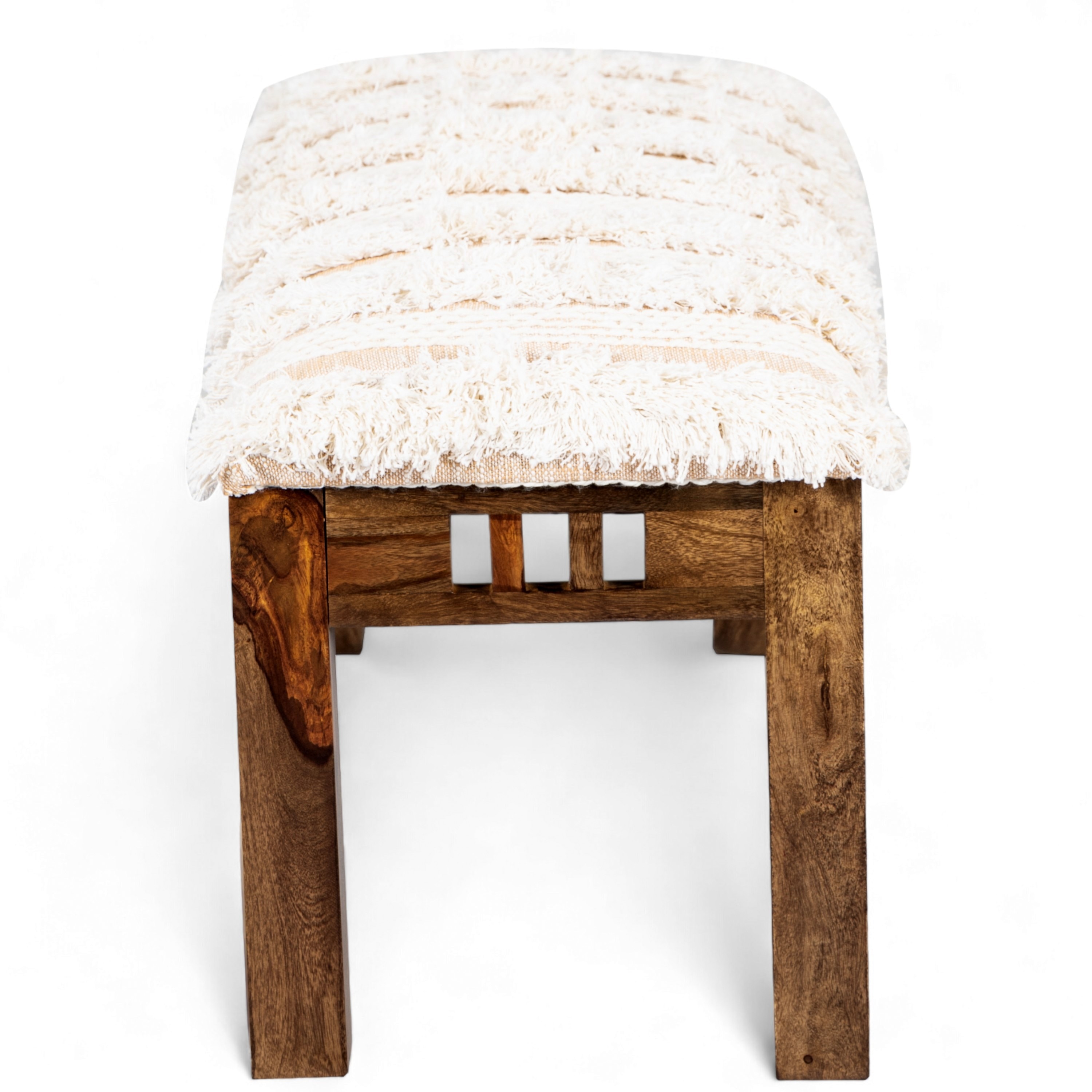 Milford Sheesham Wood Mid Century 3 Seater Bench In Beige Fabric