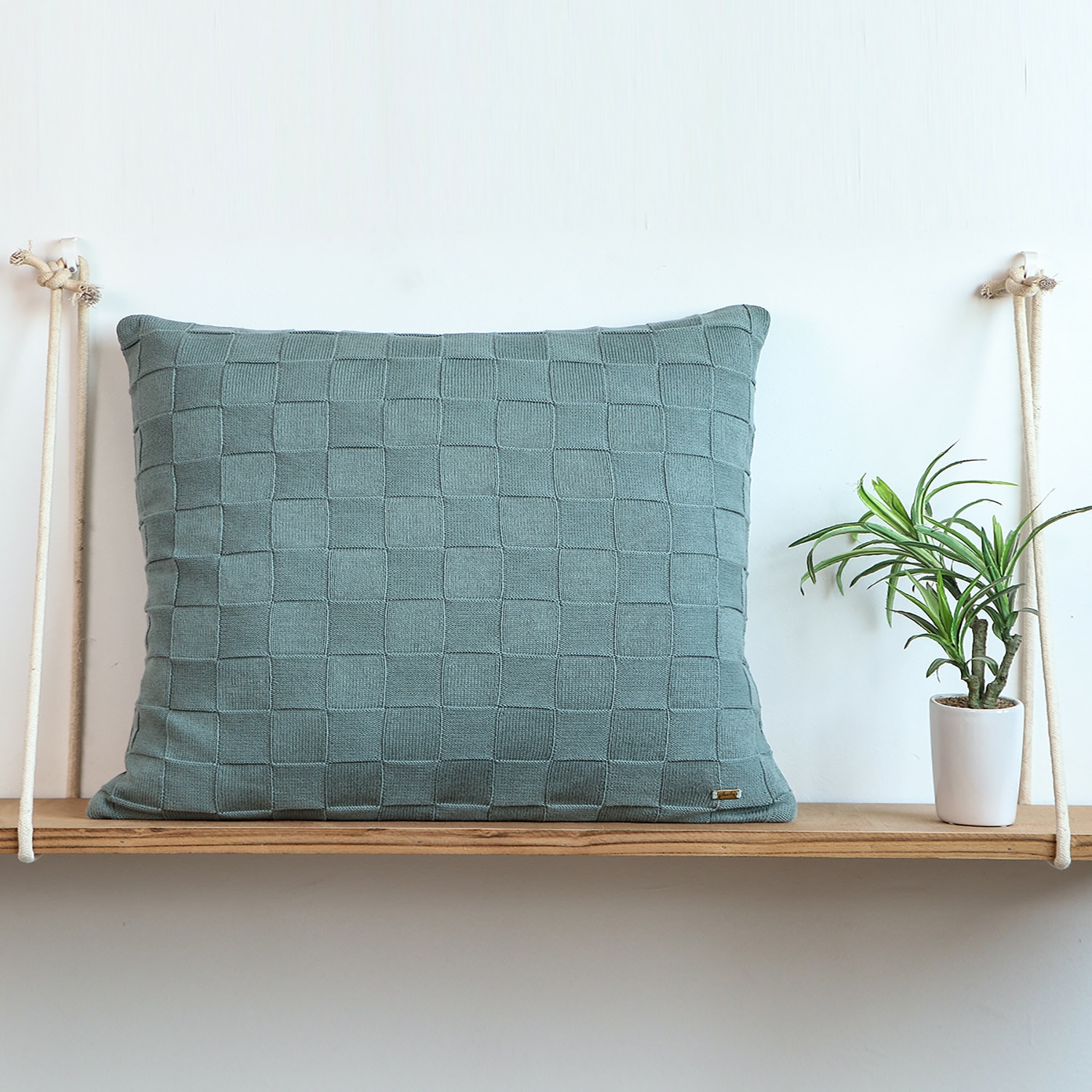 Square Check Knit Cushion Cover  Blue Daisy 24X24  Inches - Pluchi