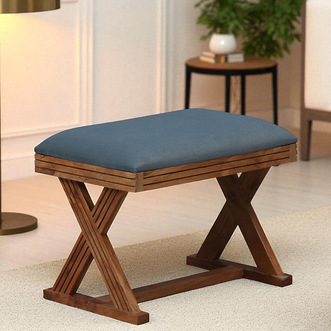 Calvebrook Solid Wood Ottoman in Blue Fabric - Bene Decor