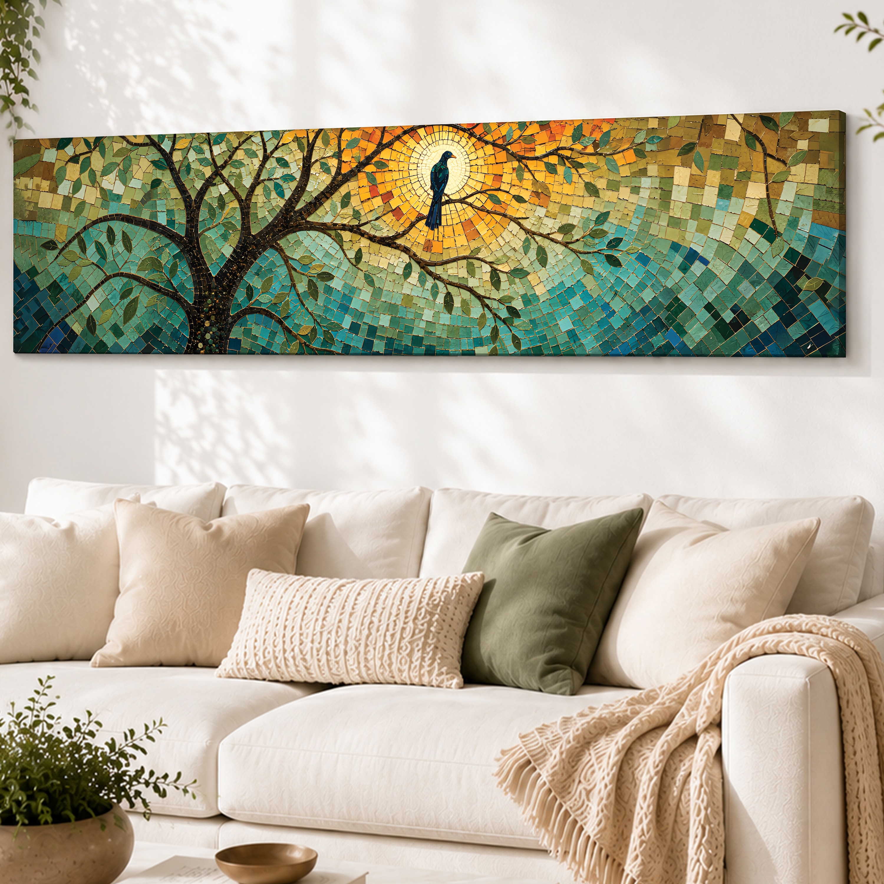 Abstract Botanical Tree Mosaic Canvas Wall Art 12 x 46 Inch - Art Street