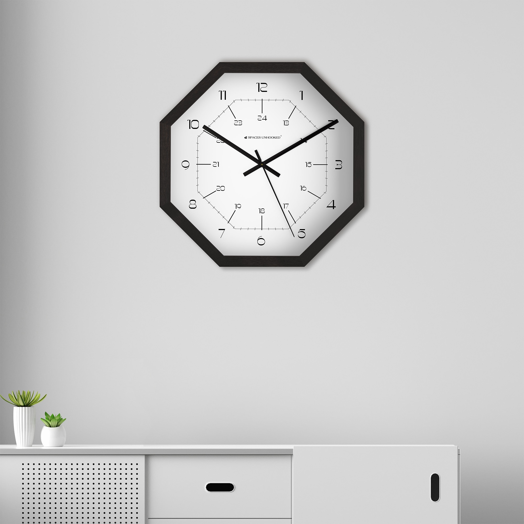 Octagonal Wooden Wall Clock with Dual Time Dial Design