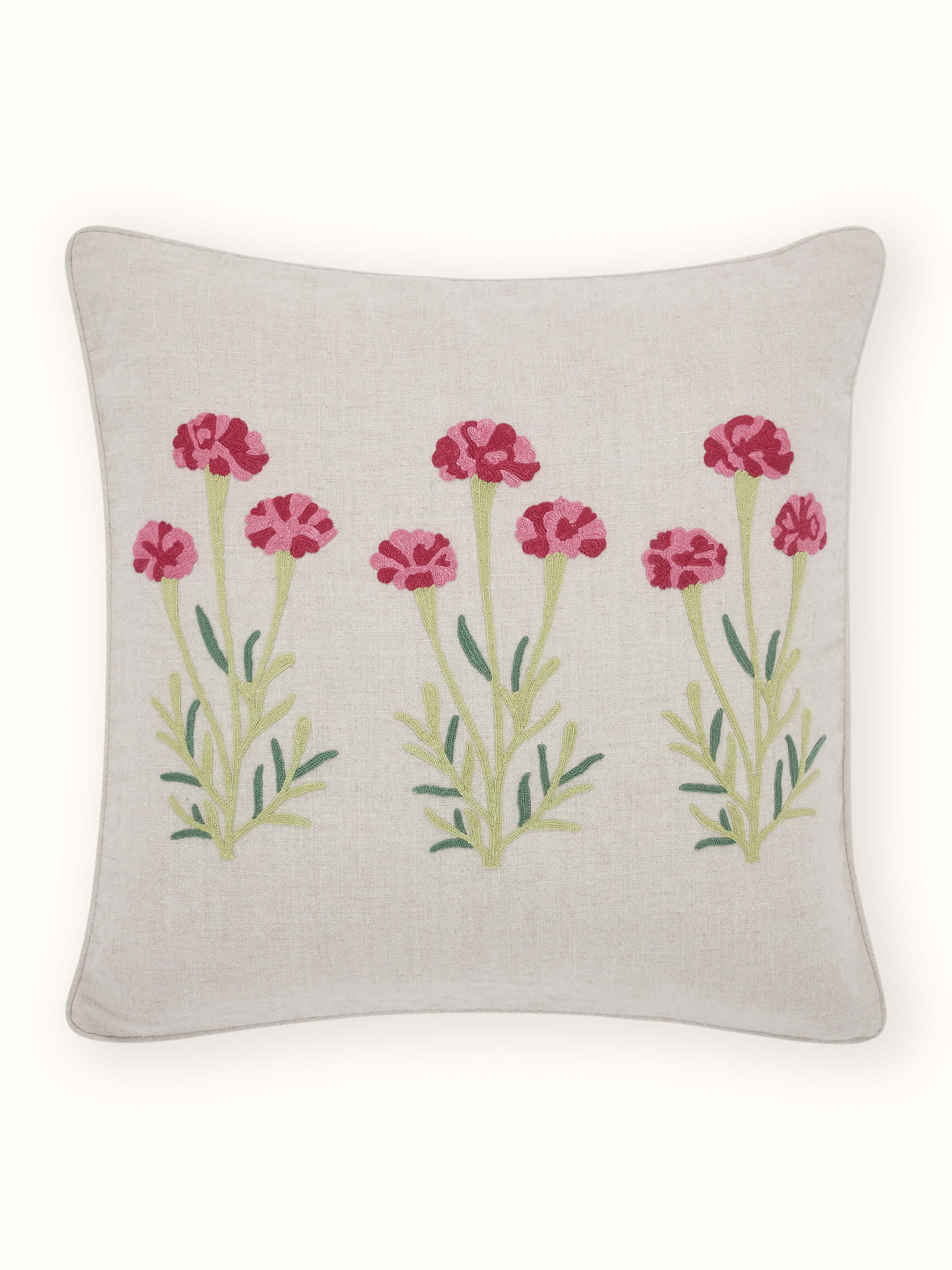 Mughal Miniature Magenta Linen Kashmir Chain Stitch Hand Embroidery Cushion Cover