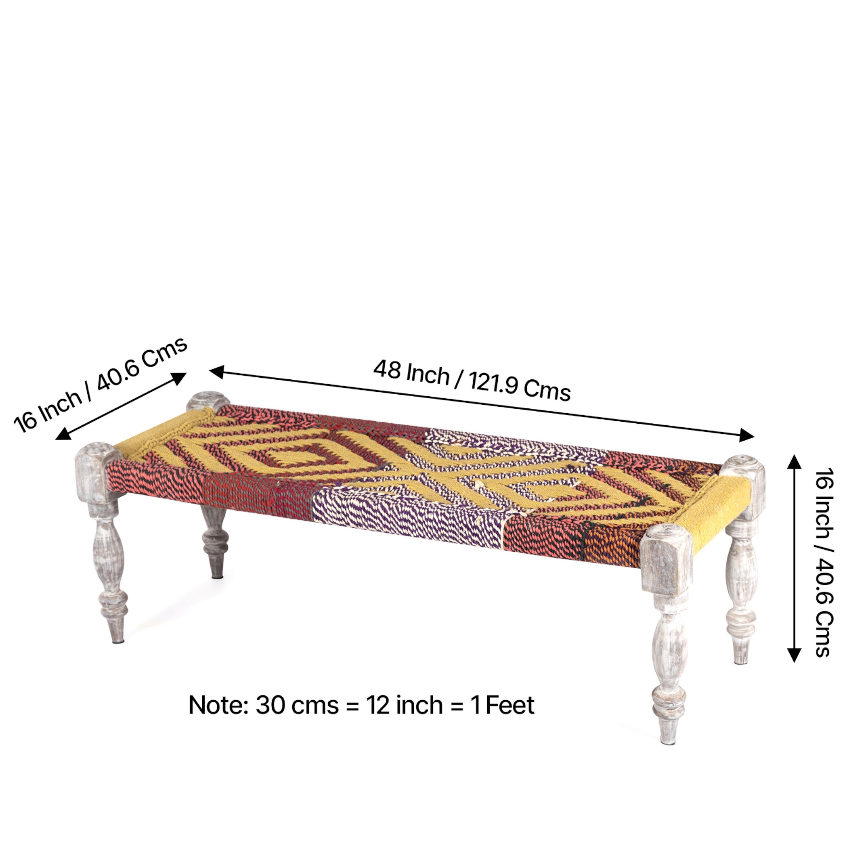 Hamilton Sheesham Wood 2 Seater Maachi Bench In Assorted Multi-Colour Chindi & Yellow Rope Canning