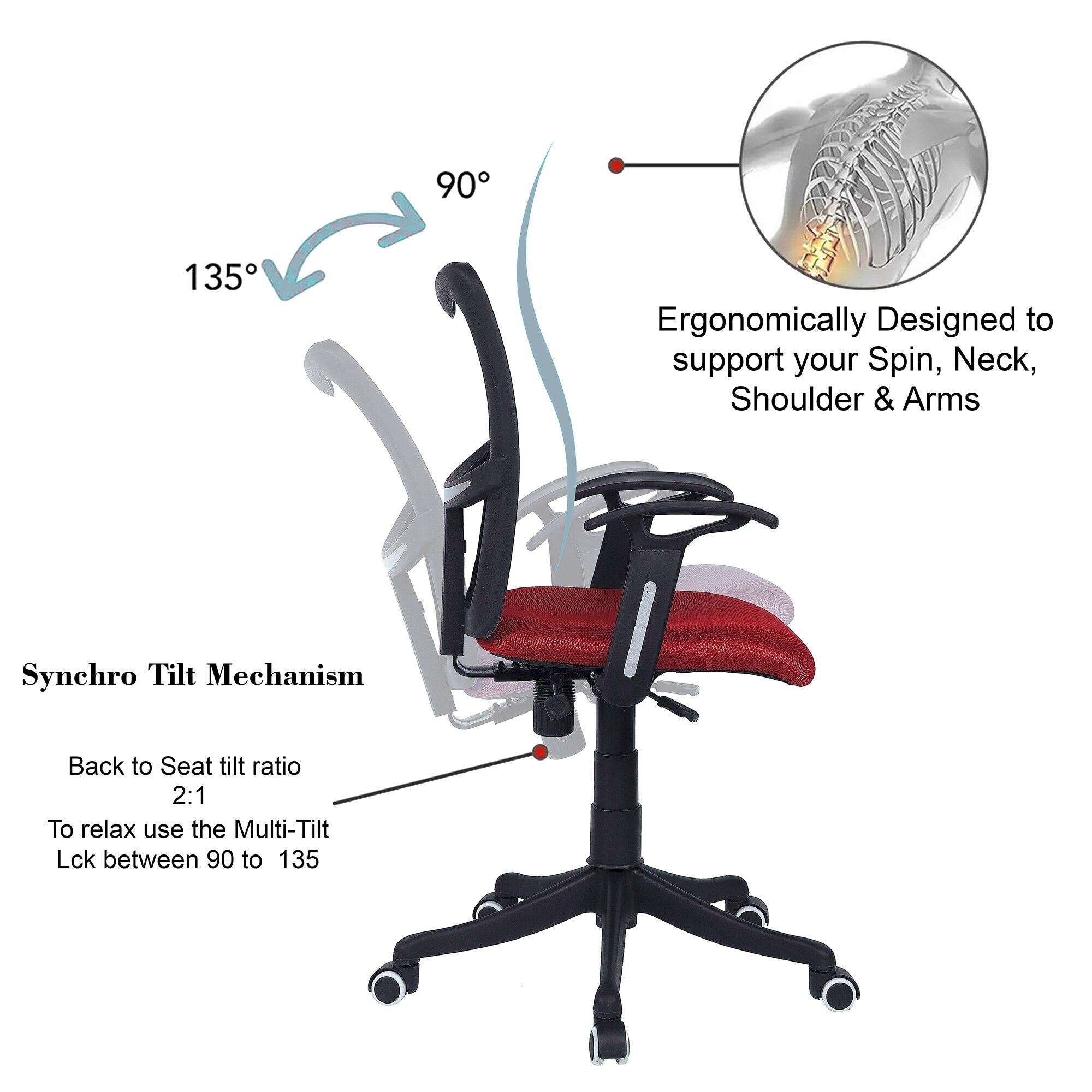 Eexcaeal Mid Back Ergonomic Chair in Red Colour