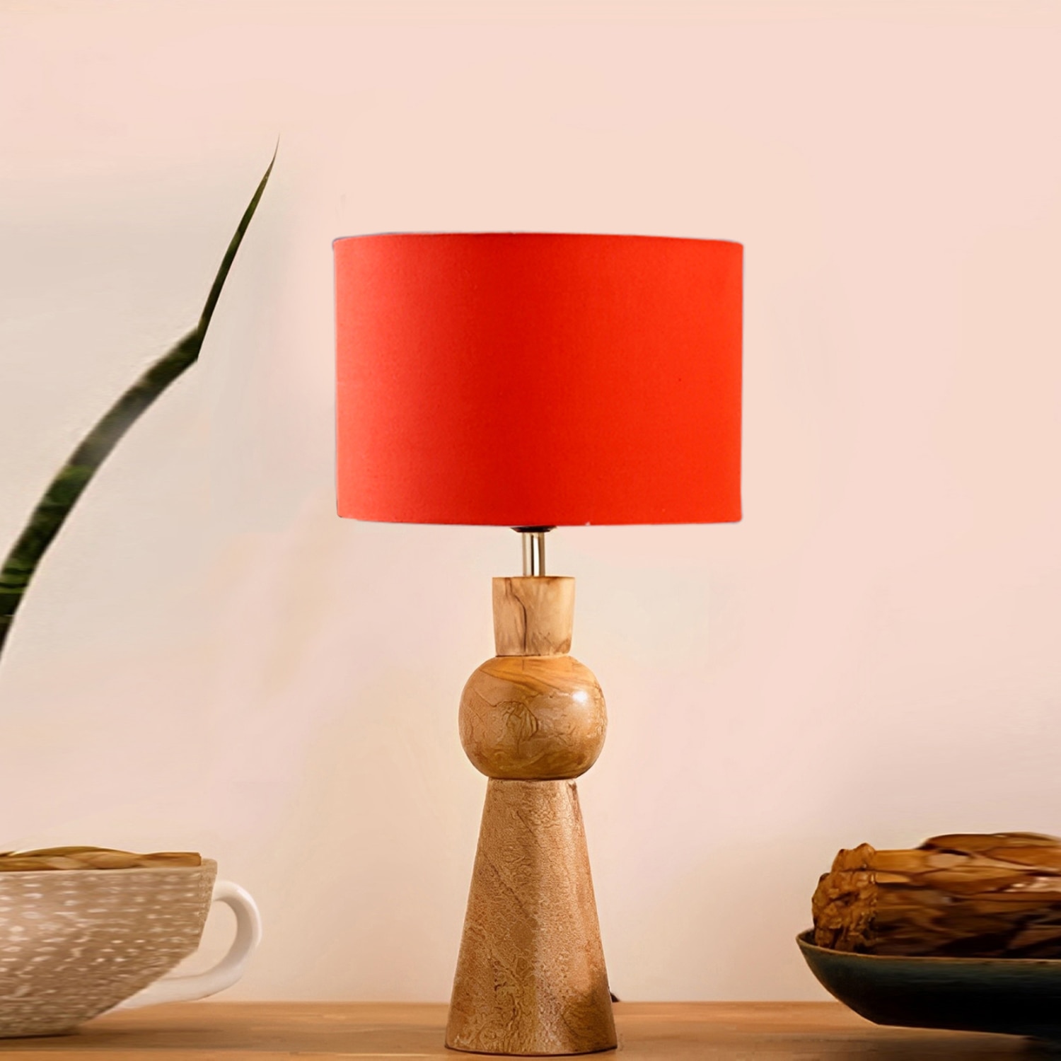 Devansh Orange Cotton Table Lamp With  Wood Natural Base (7X18.25 Inches)-5