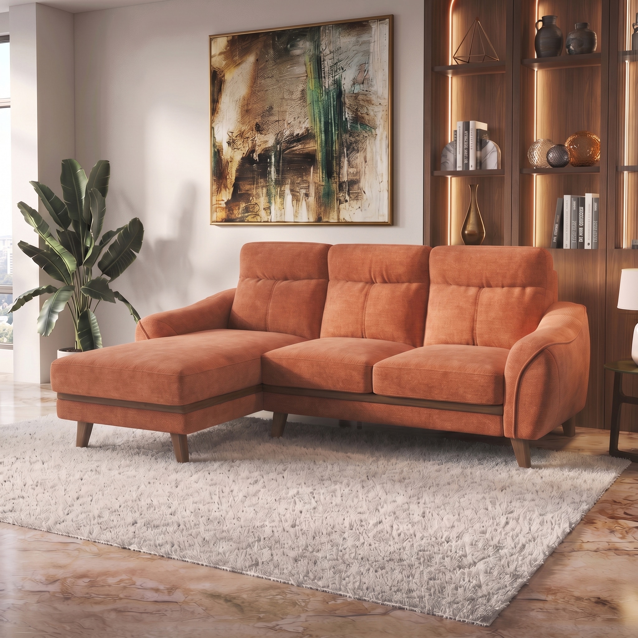 Ronan Left Aligned 3 Seater Sectional Fabric Sofa In Rust Colour - Urban Ladder