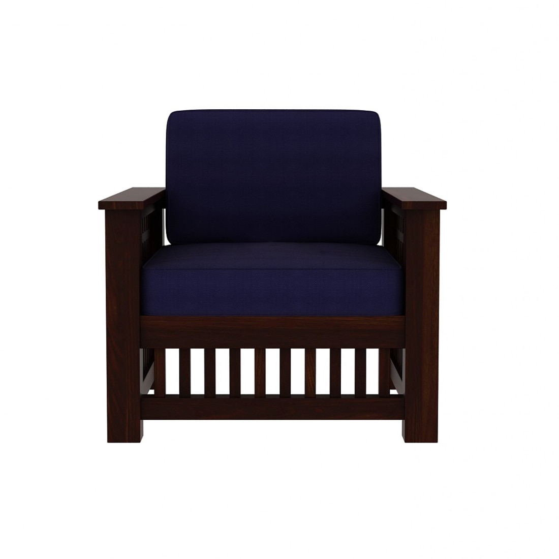 Anjani 3+1+1 Seater Wooden Sofa (BLUE Colour, Dark Walnut Finish)