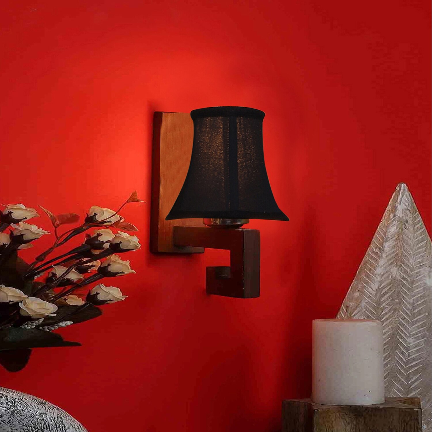 Devansh Wood Wall Mounted Lamp With Black Cotton Shade